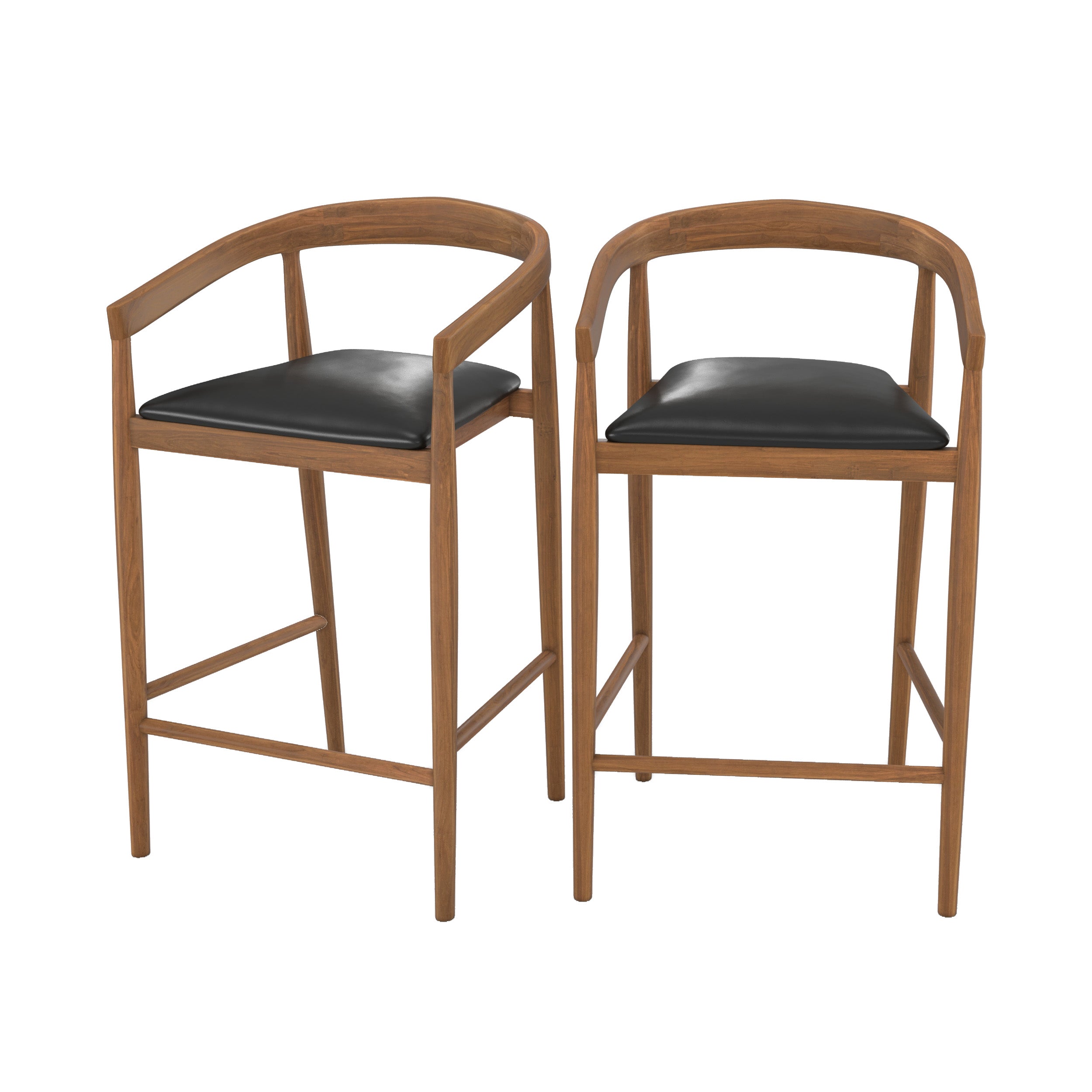 Lot de 2 chaises de bar 77 cm Bali en bois de teck vernis et assise en cuir noir