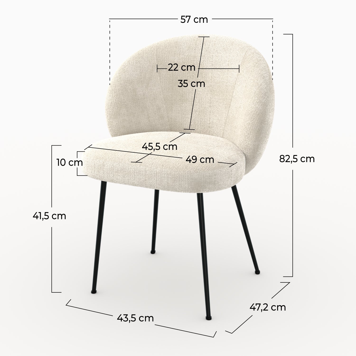 Chaise Bloomy en velours chenillé écru et métal noir