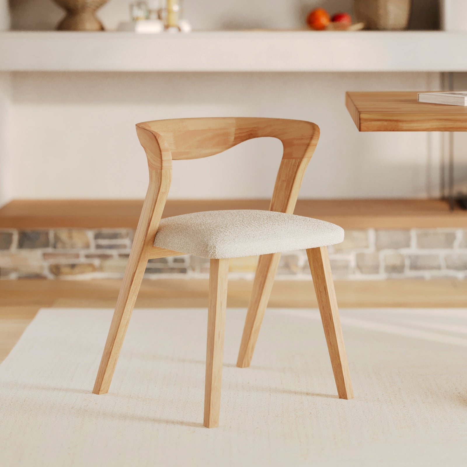 chaise bois marron clair et assise en tissu boucle creme vega