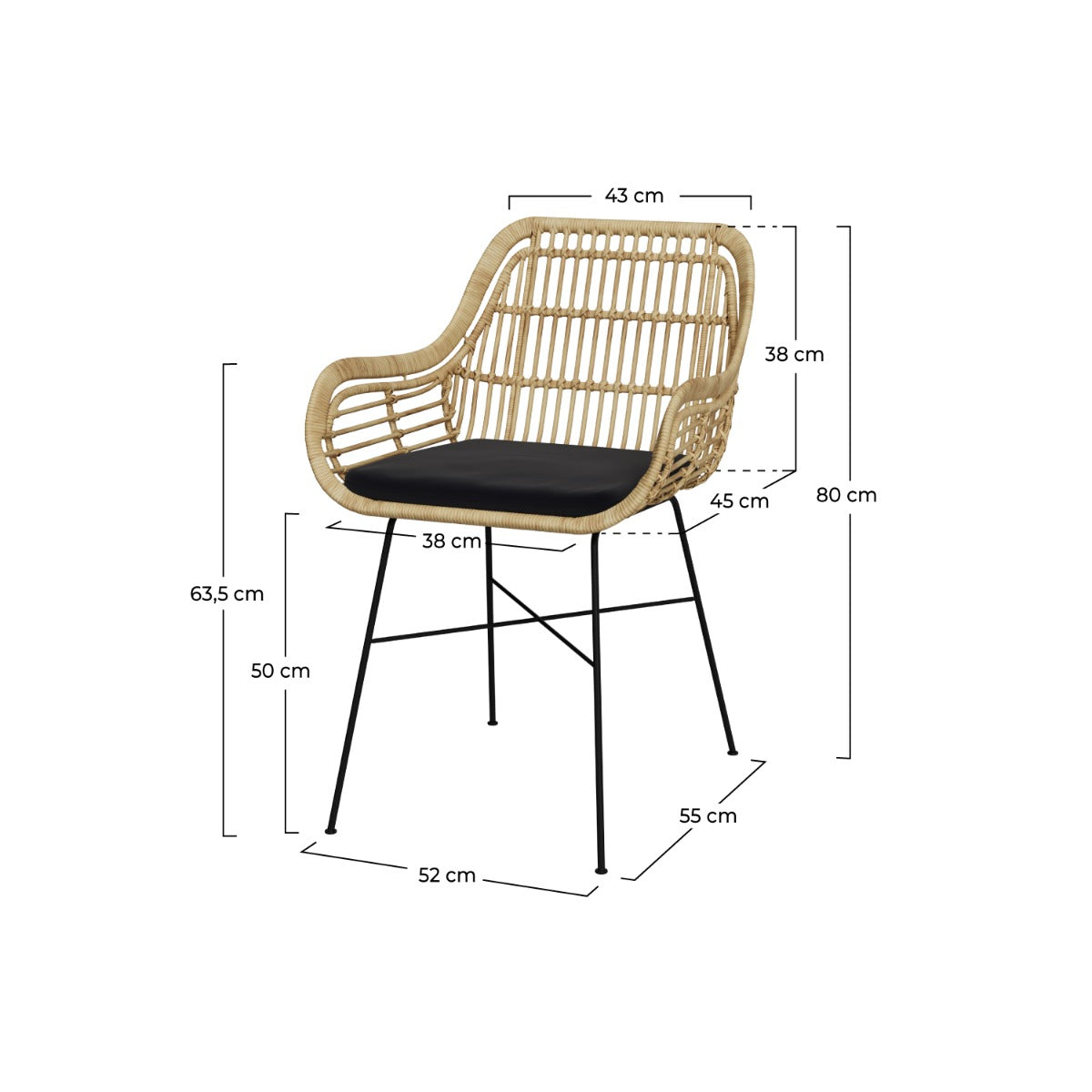 chaise chiloe en rotin naturel et coussin d assise noir