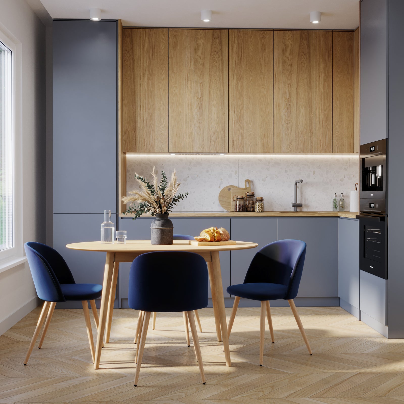 chaise cozy en velours bleu fonce pieds bois