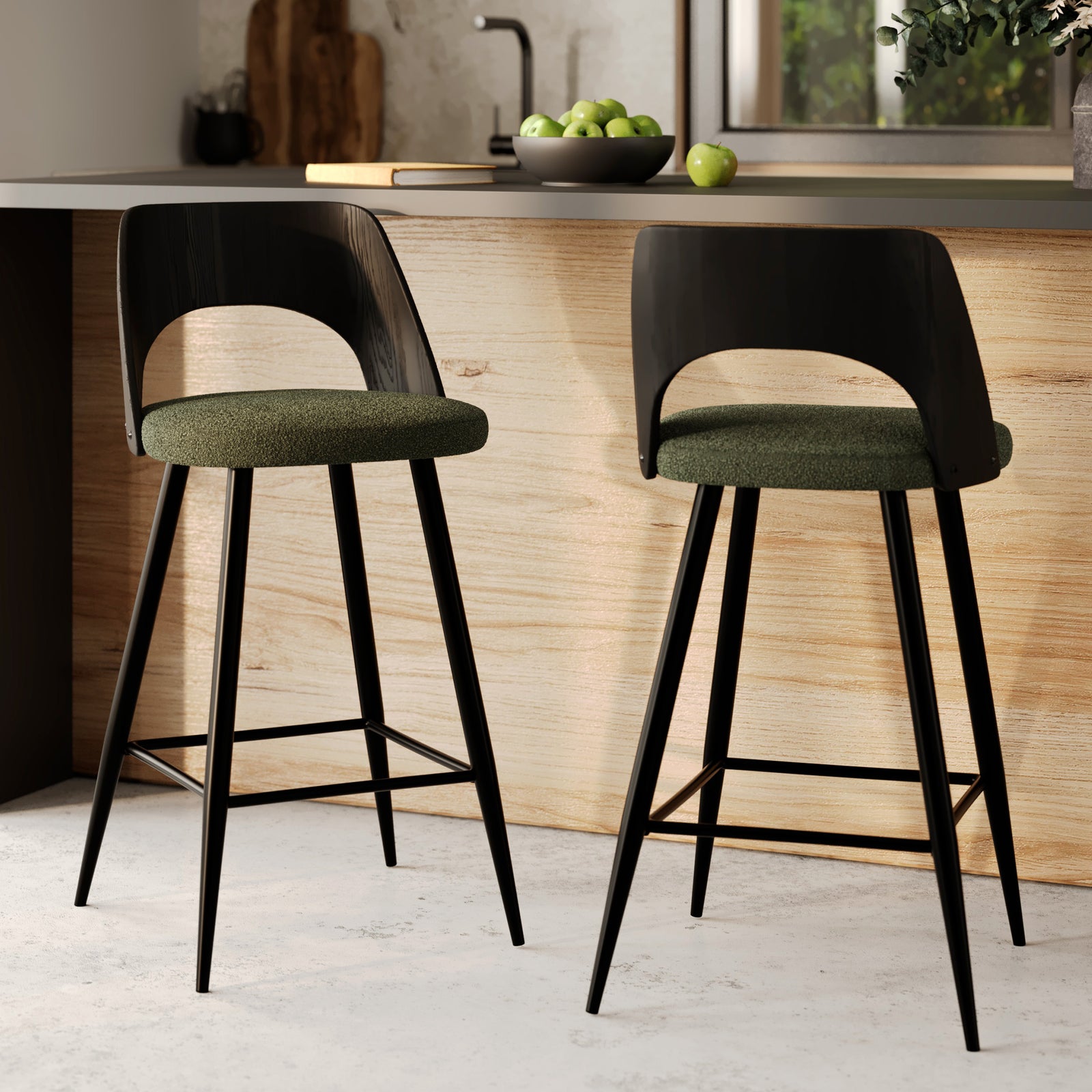 chaise de bar 66 cm ilot central tissu boucle vert dossier noir