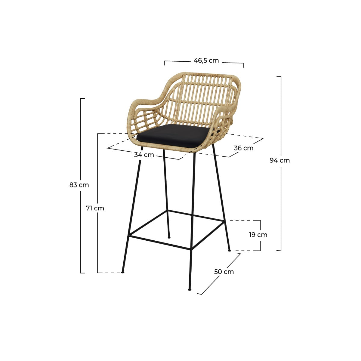 chaise de bar chiloe en rotin naturel et coussin noir