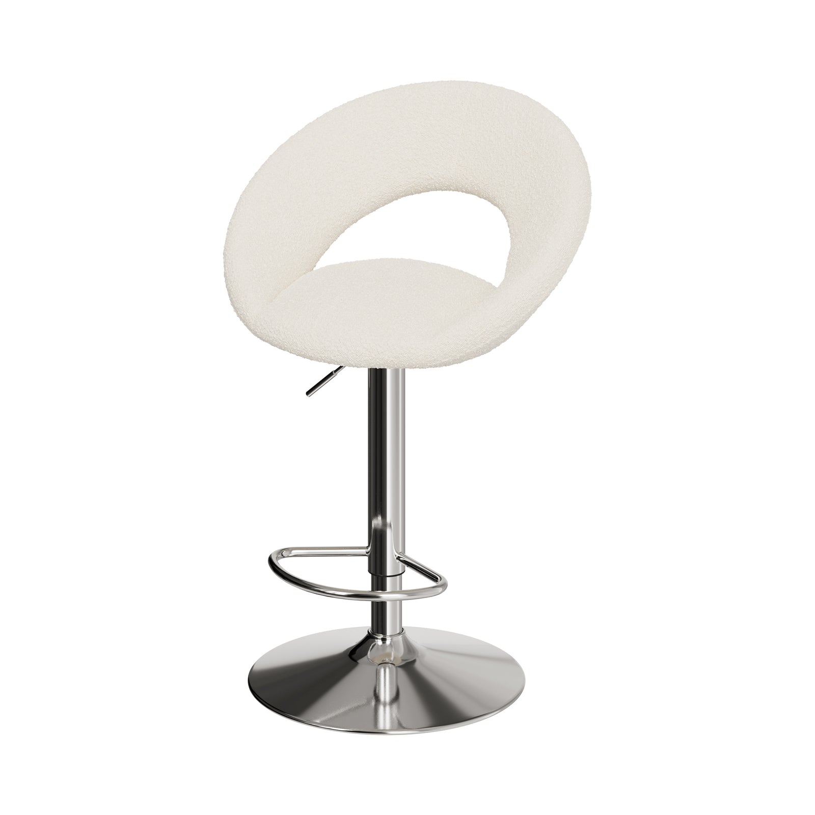 chaise de bar cloclo tissu boucle creme reglable pieds metal chrome