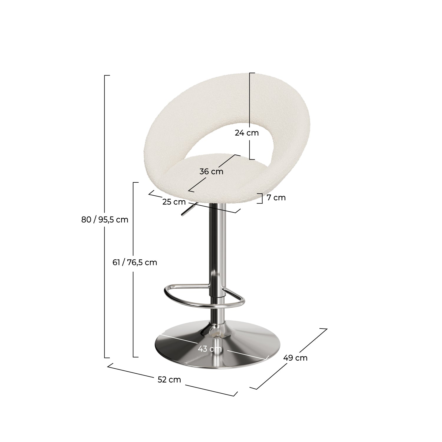 chaise de bar cloclo tissu creme boucle pieds metal chrome reglable