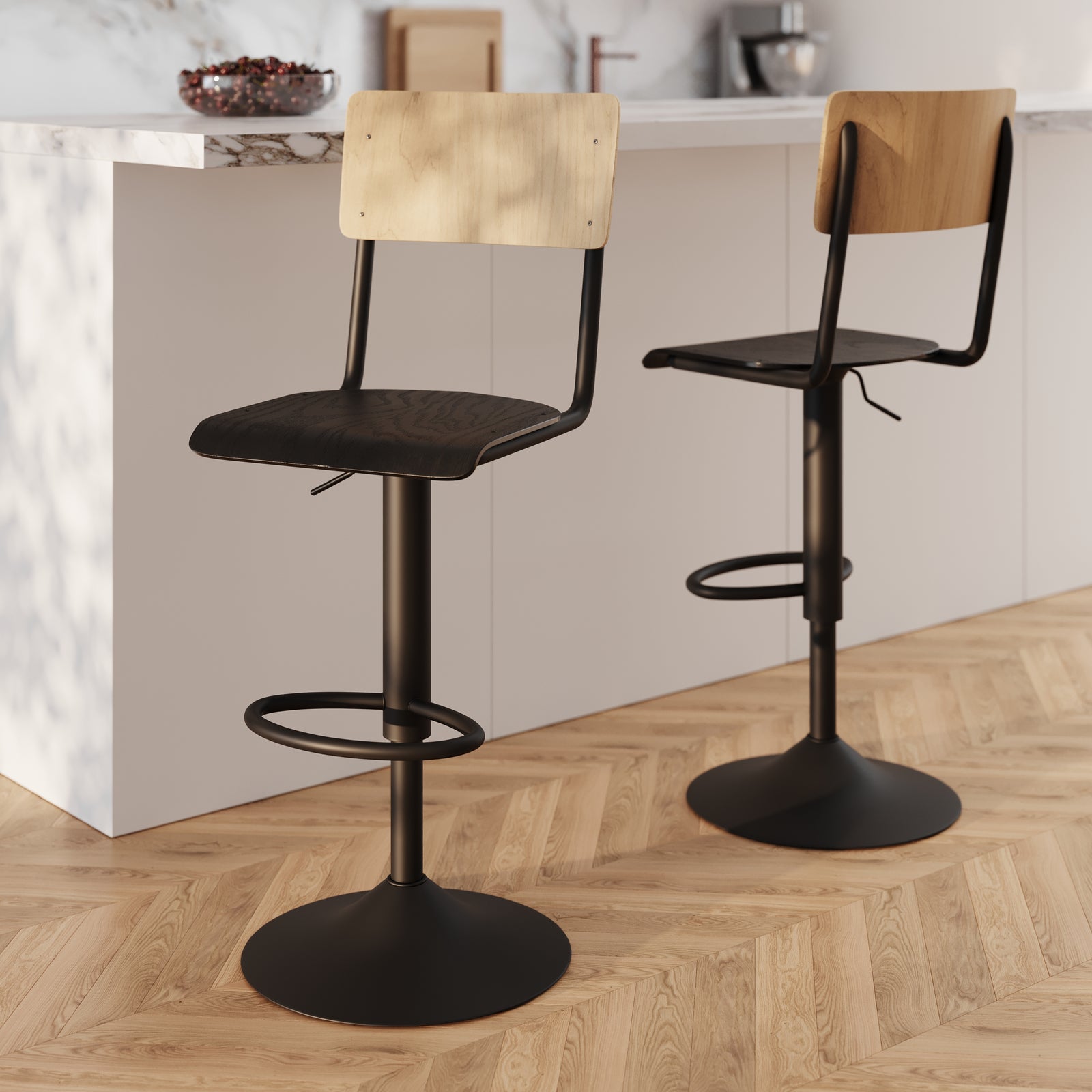 chaise de bar en bois clair et noir reglable clem