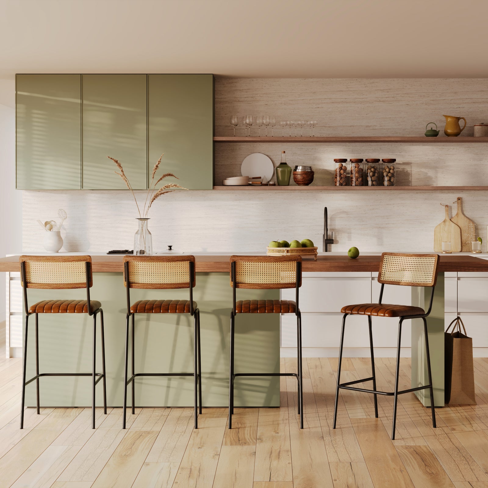 chaise de bar en cuir marron et dossier cannage arsene lot de 2