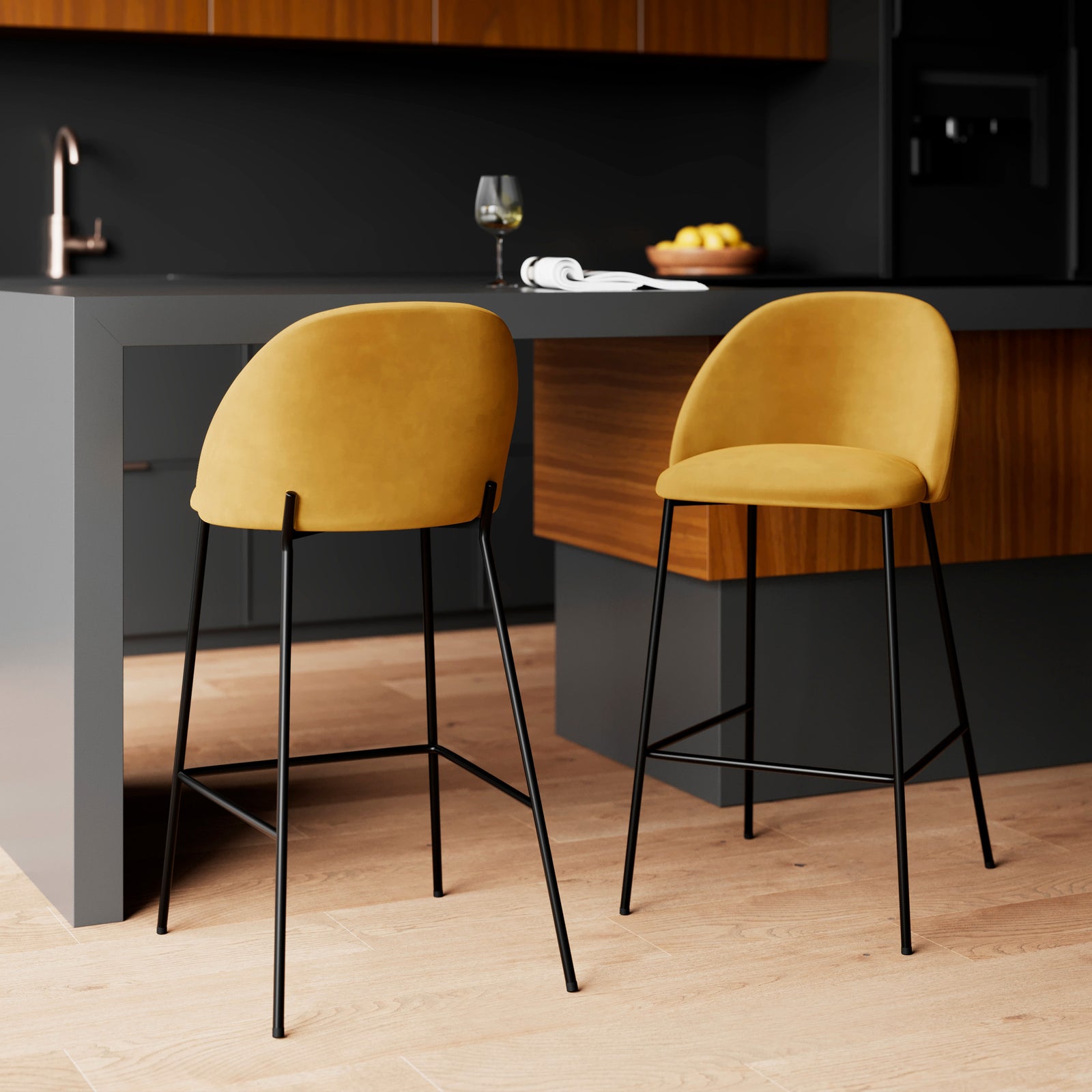 chaise de bar karl en velours jaune moutarde 66 cm