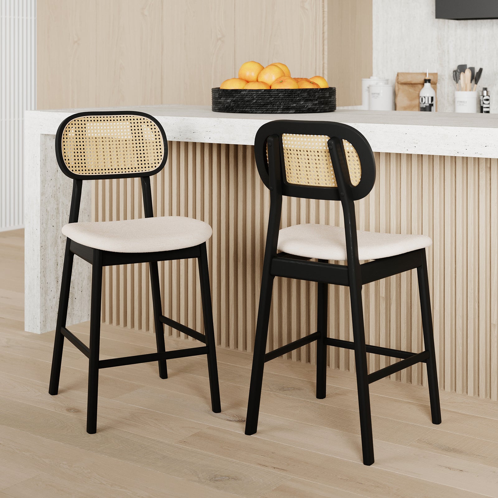 chaise de bar maria mi hauteur en tissu beige et bois noir et cannage