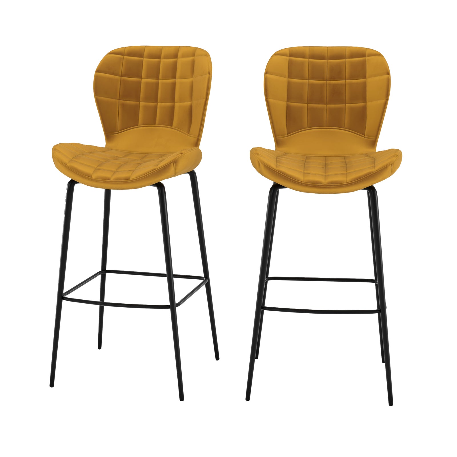 chaise de bar mazzia en velours jaune curry matelassee fond blanc