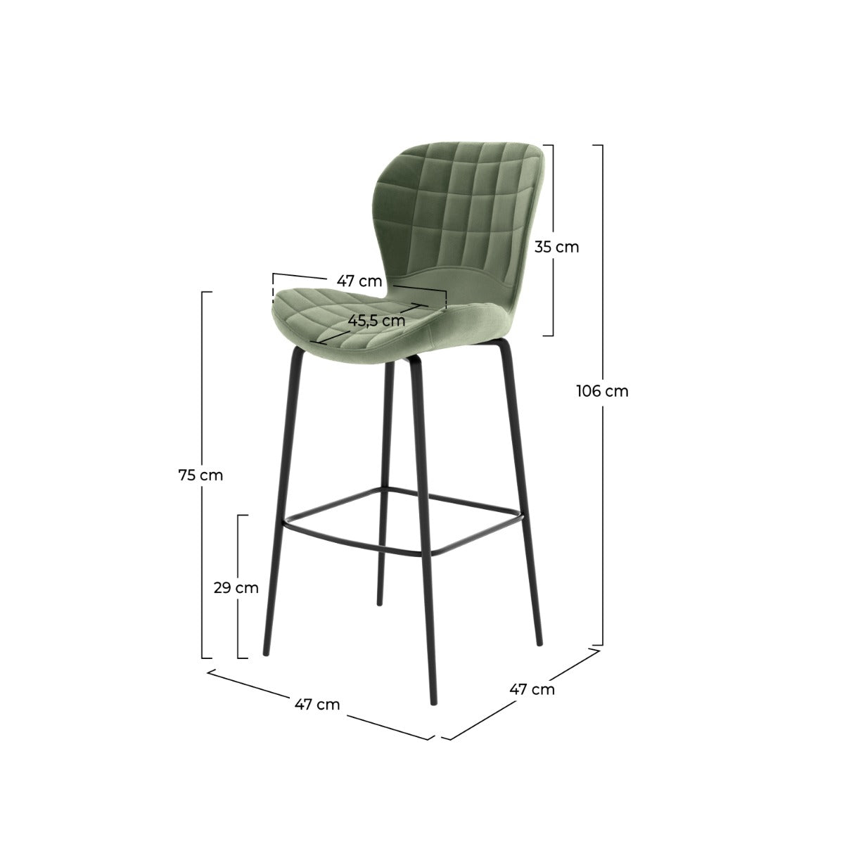 chaise de bar mazzia en velours vert 75 cm lot de 2
