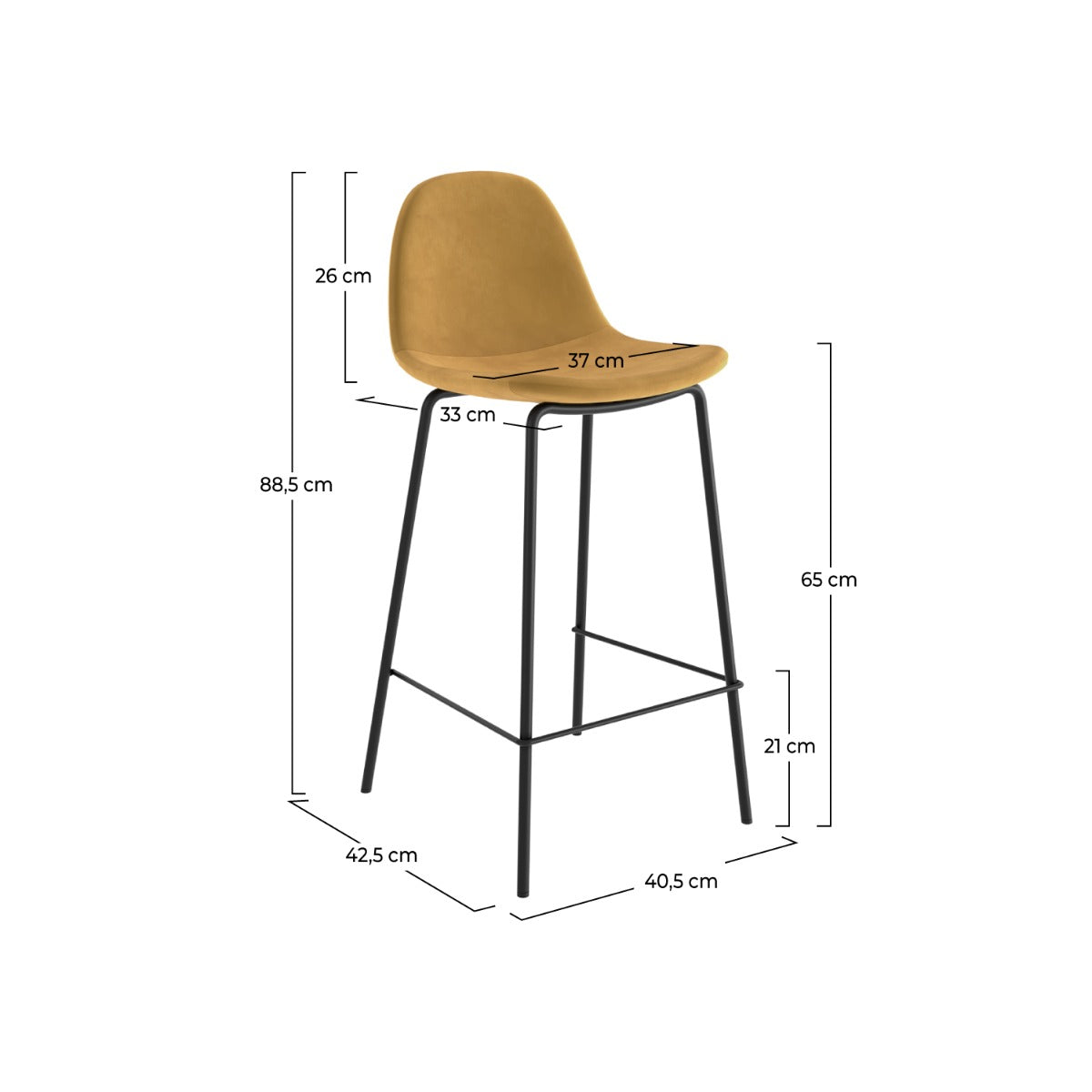 chaise de bar mi hauteur henrik en velours jaune 65 cm
