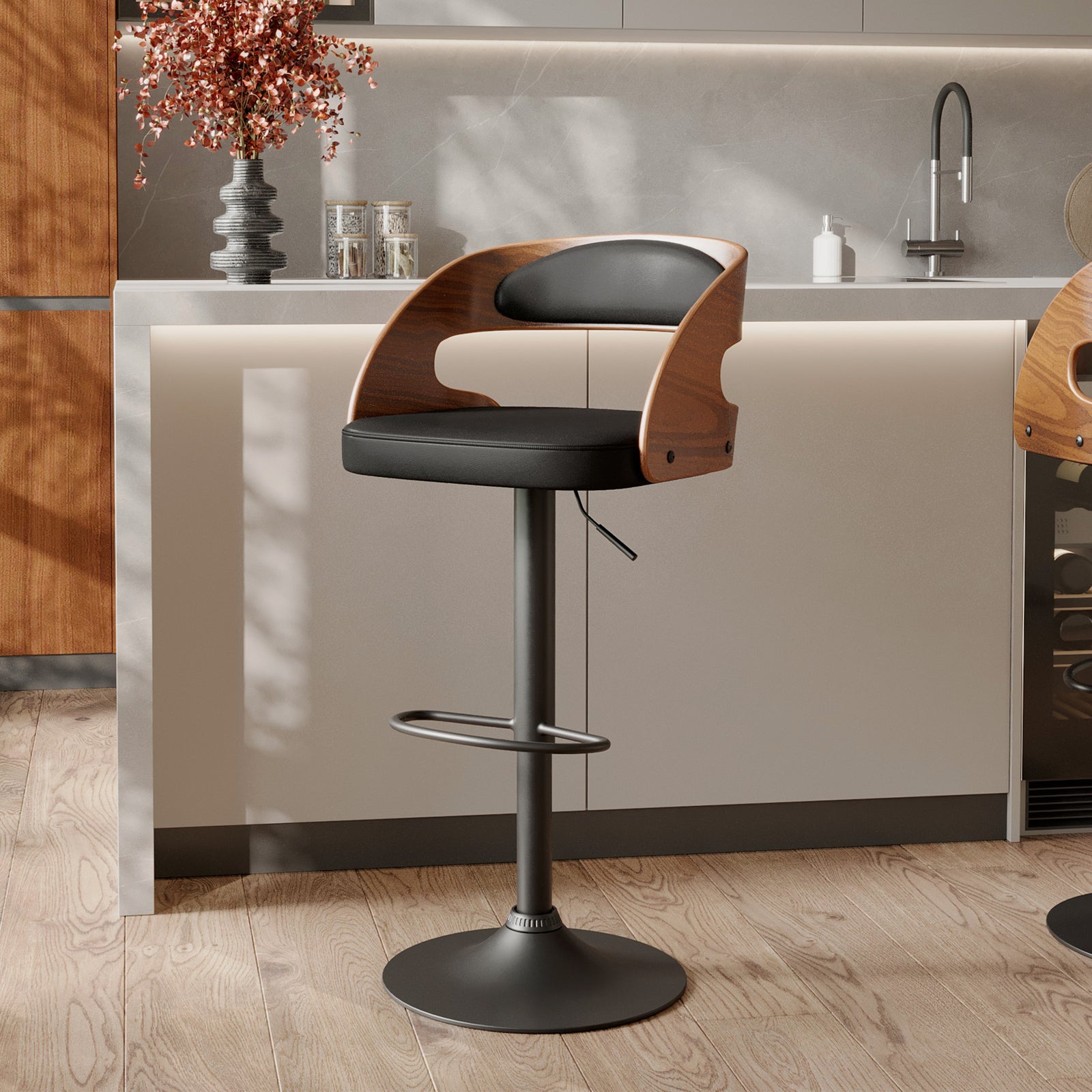 chaise de bar pu noir bois reglable louis