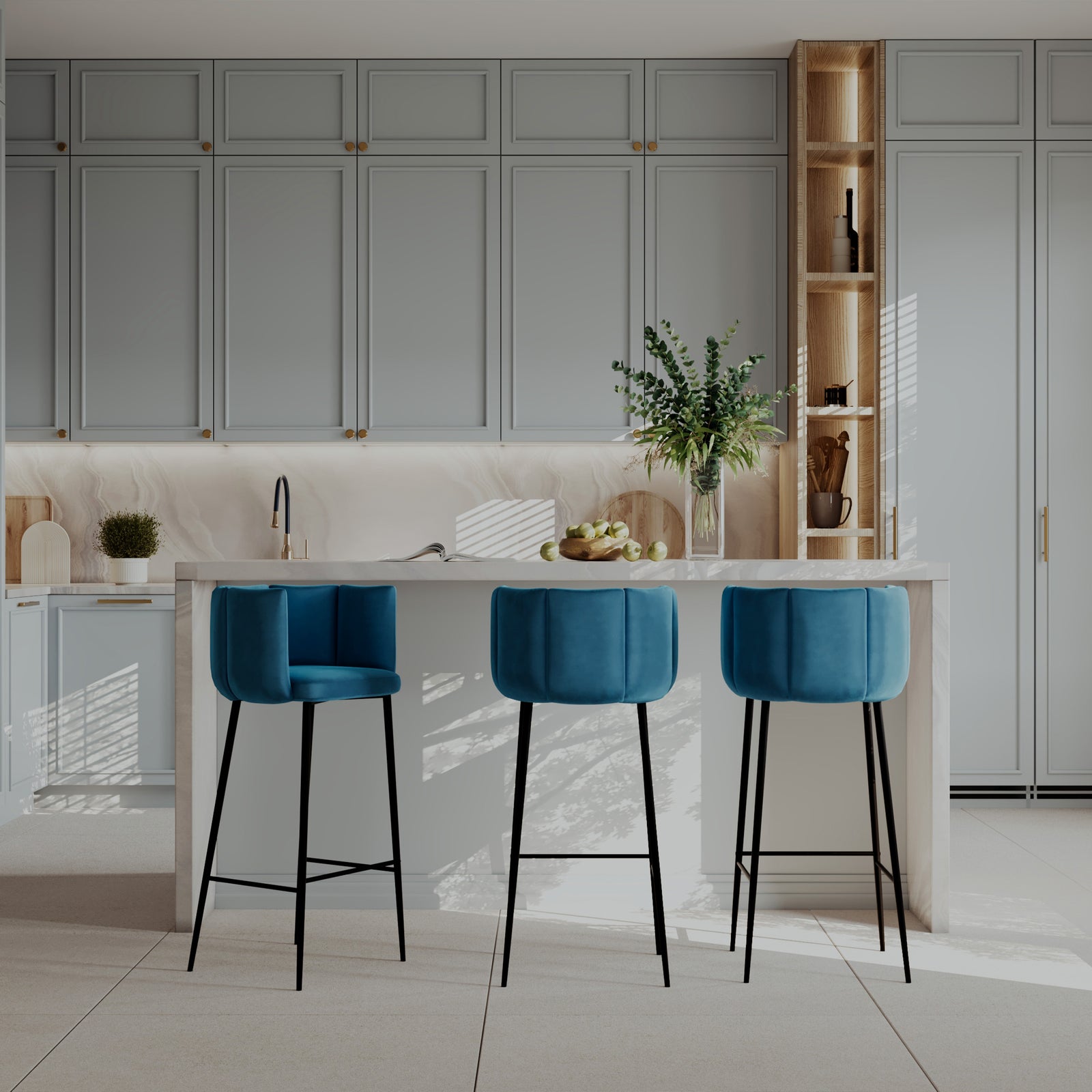 chaise de bar rosy velours bleu 75 cm lot de 2