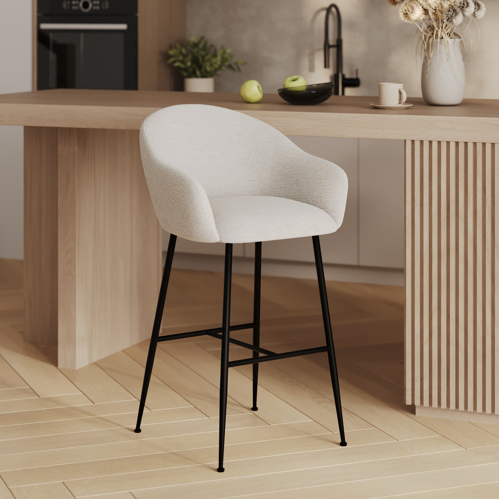 chaise de bar tissu blanc chine socky 76 cm pieds noirs