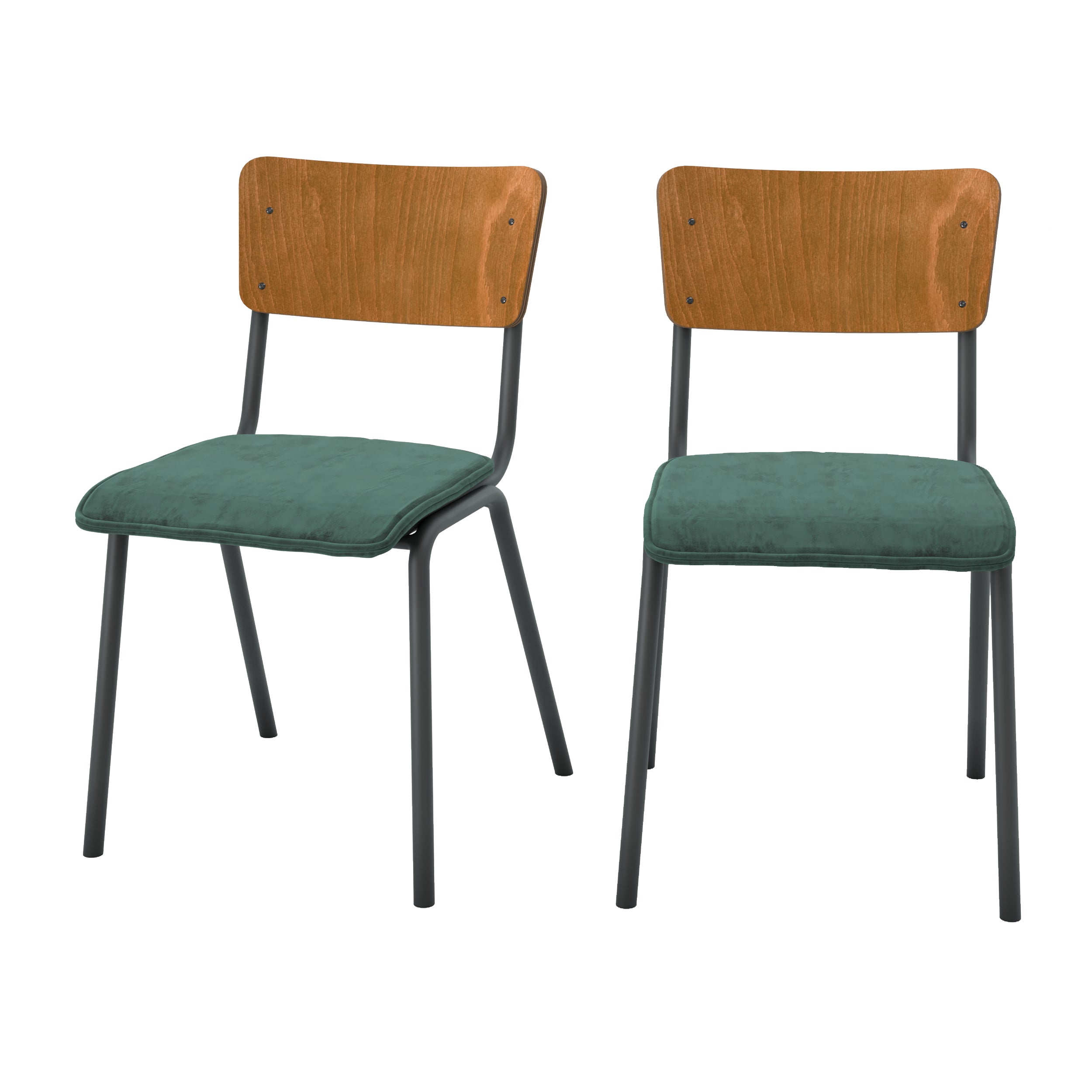 chaise ecolier nico bois fonce velours vert metal lot 2