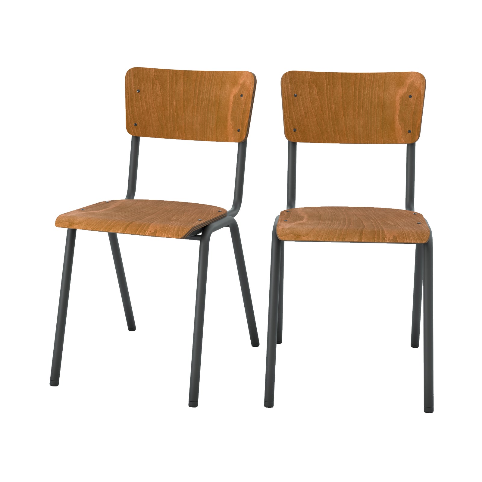 chaise ecolier vintage clem bois fonce metal empilable lot 2