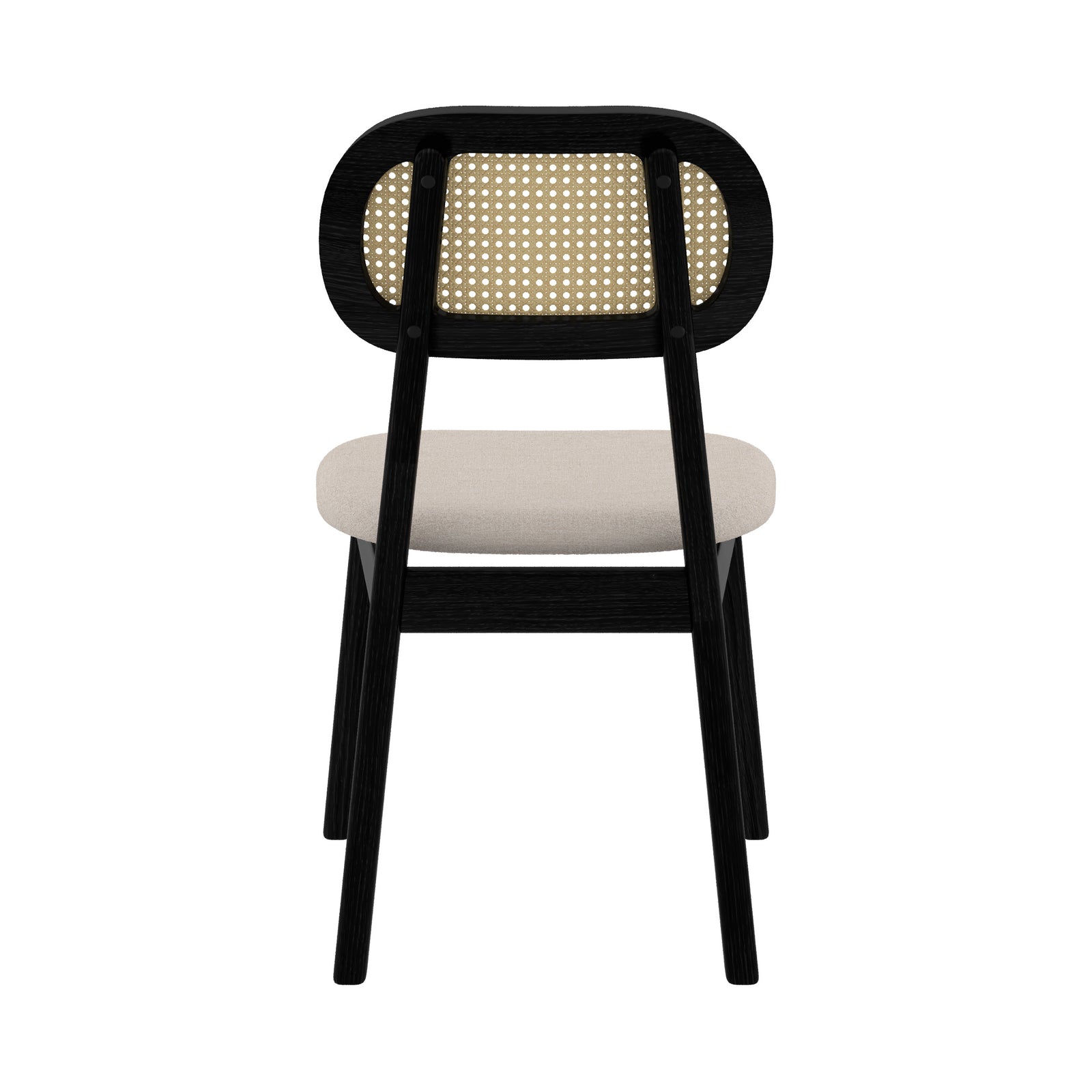 chaise en bois noir assise tissu beige dossier rotin maria