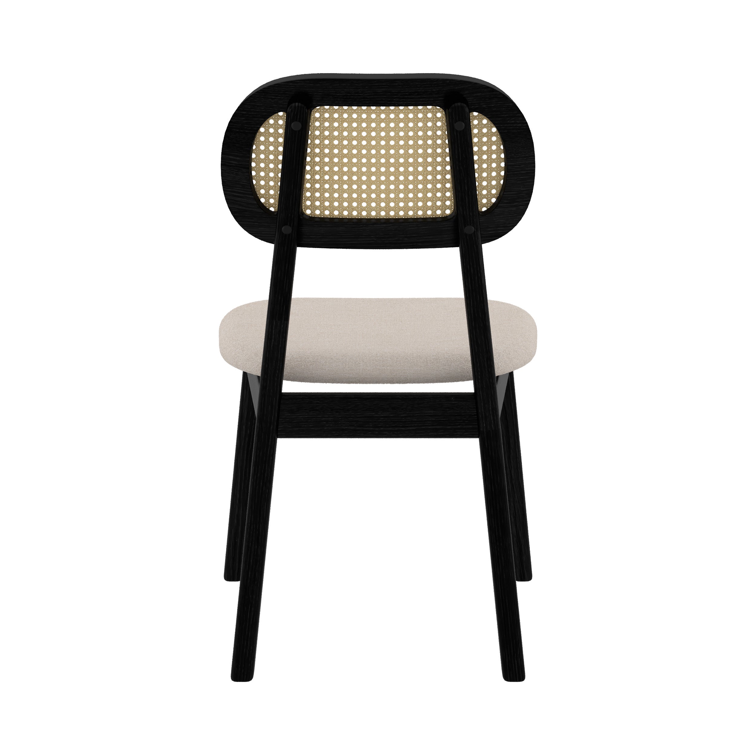 chaise en bois noir assise tissu beige dossier rotin maria