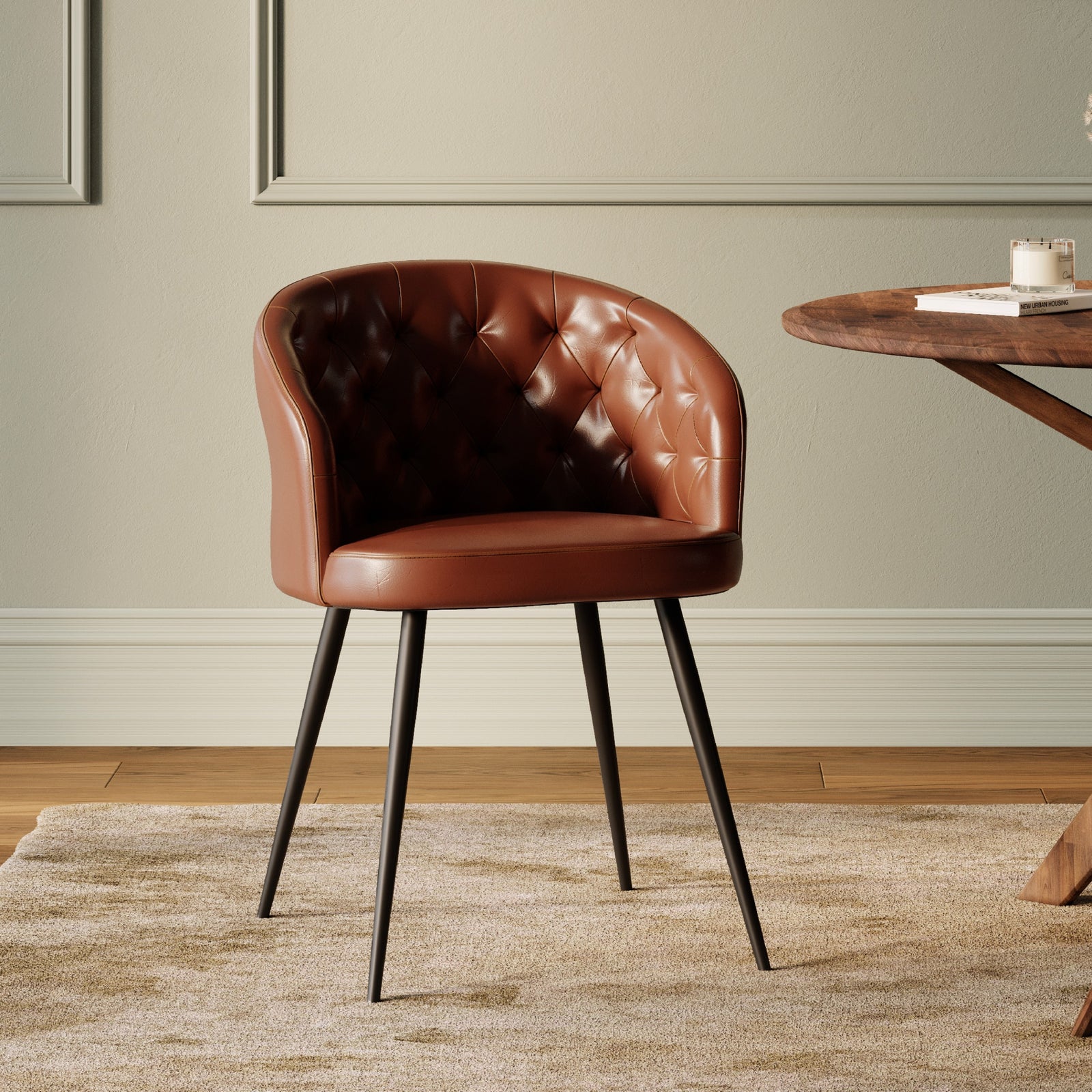 chaise en cuir marron surpiqure pieds metal noir anatole