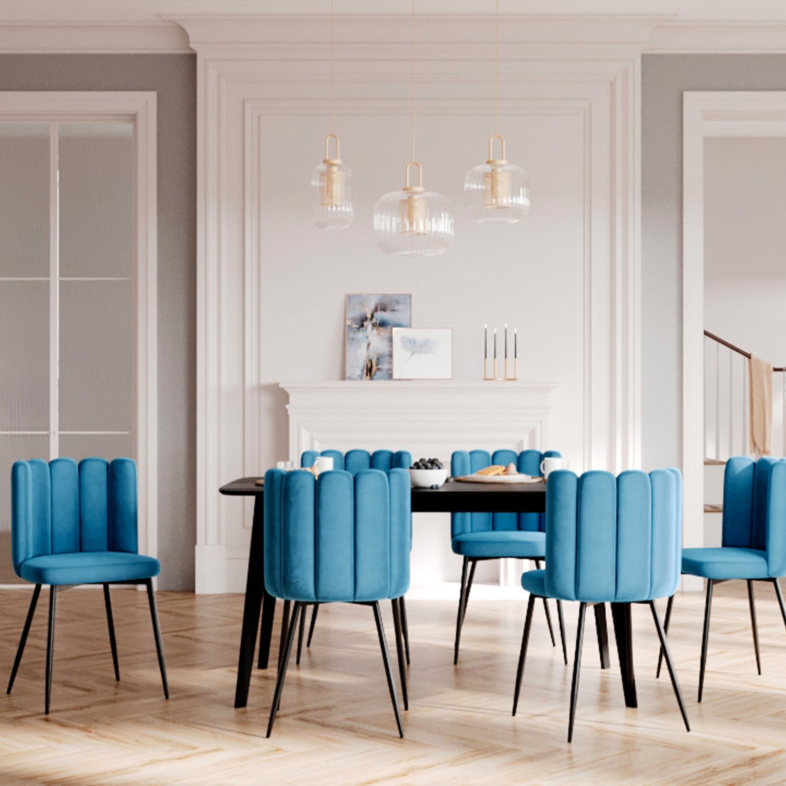 chaise en velours bleu pieds metal noir rosy lot de 2