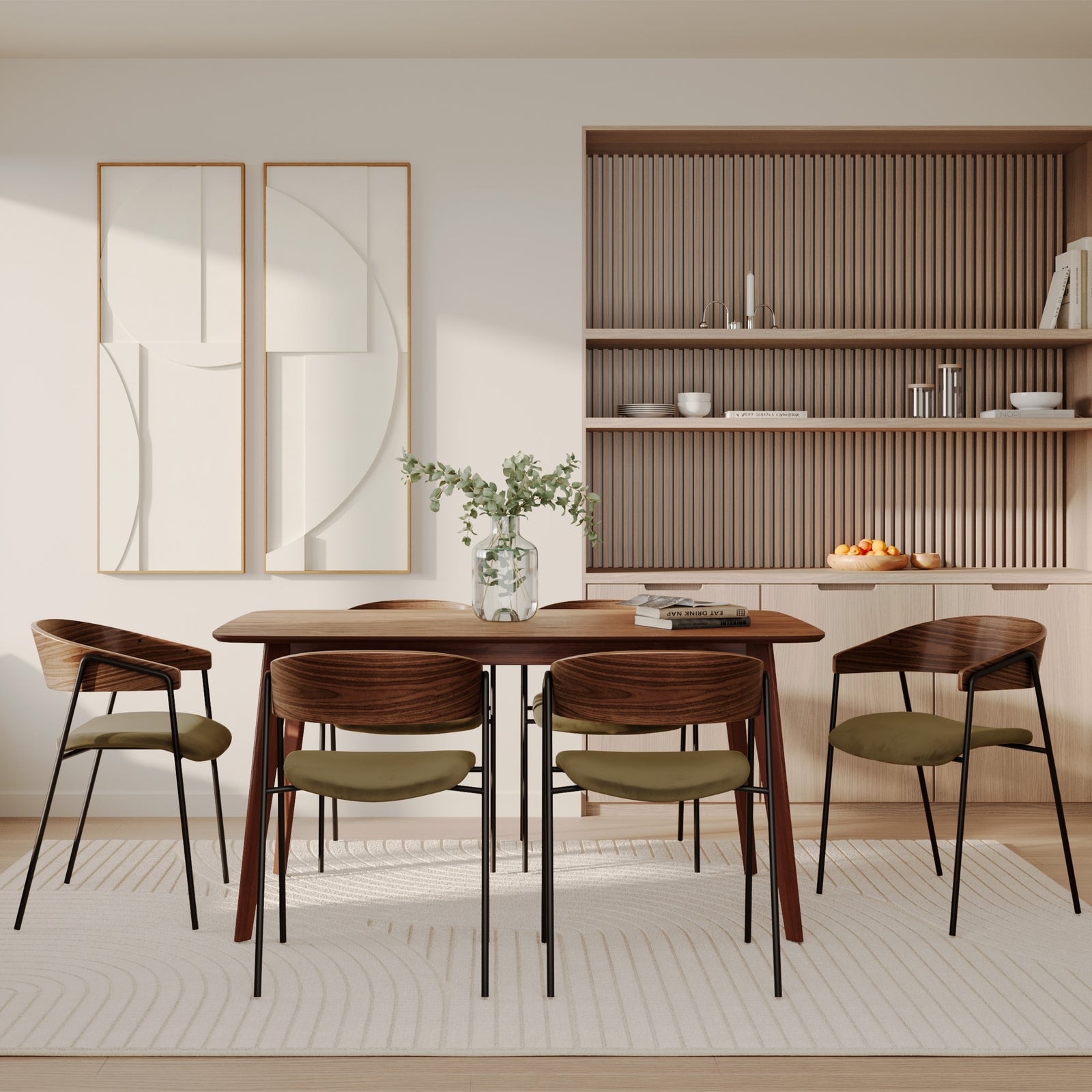 chaise en velours kaki et bois fonce pieds noir esmee