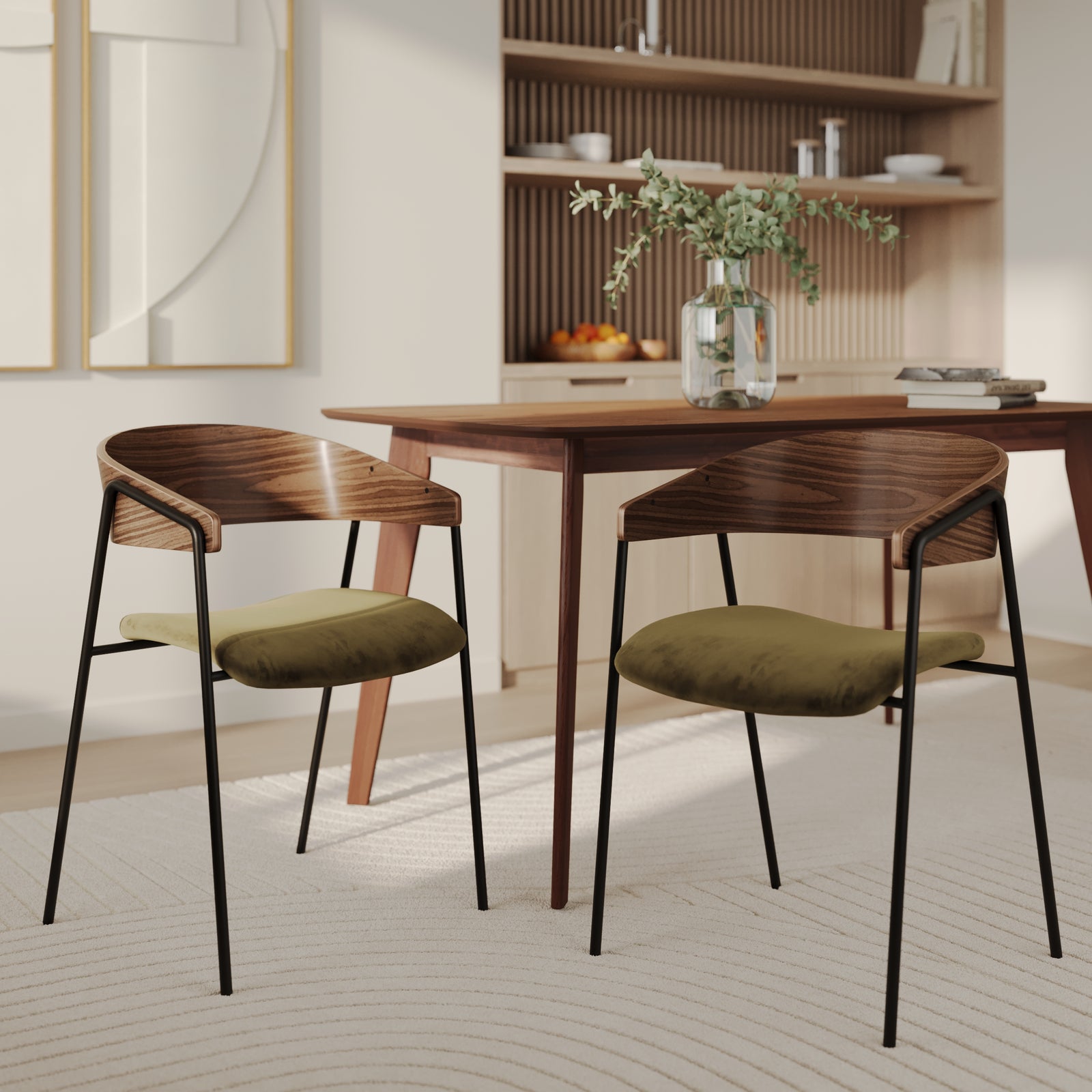 chaise esmee en velours vert kaki dossier noyer lot de 2