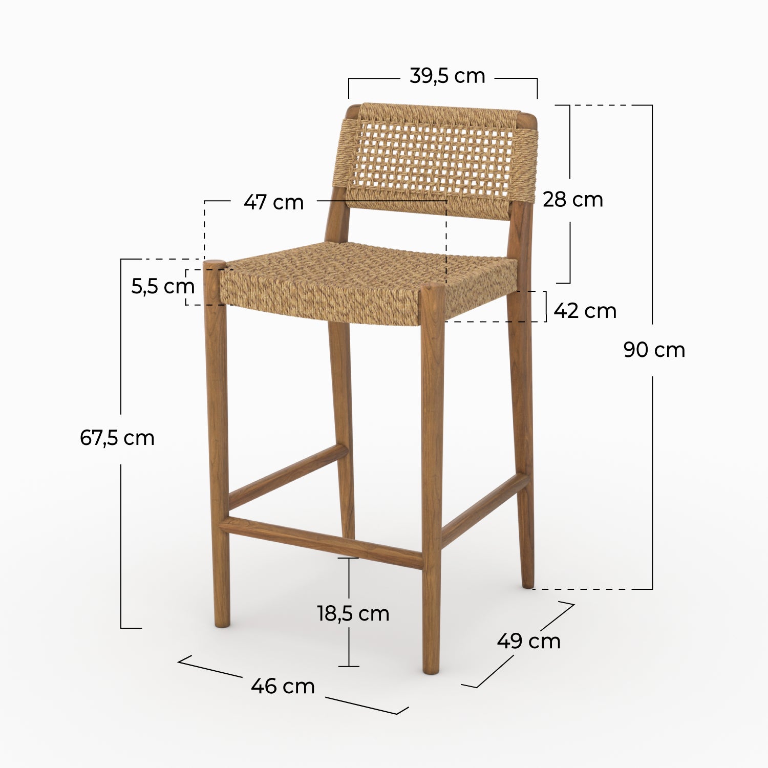 Chaise pour îlot central 65 cm Yaba en teck vernis et tissage synthétique
