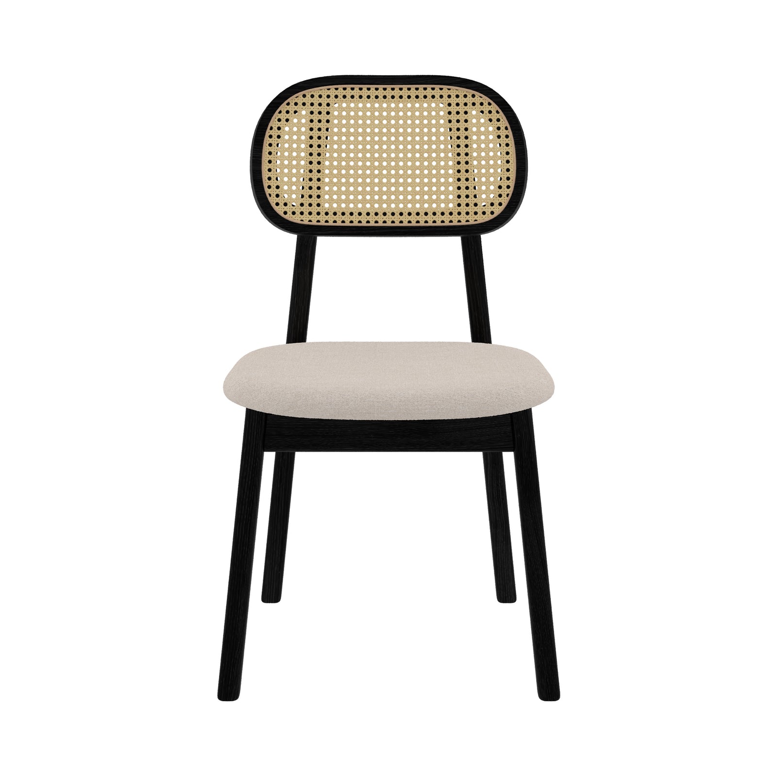 chaise maria en bois noir assise tissu beige dossier rotin