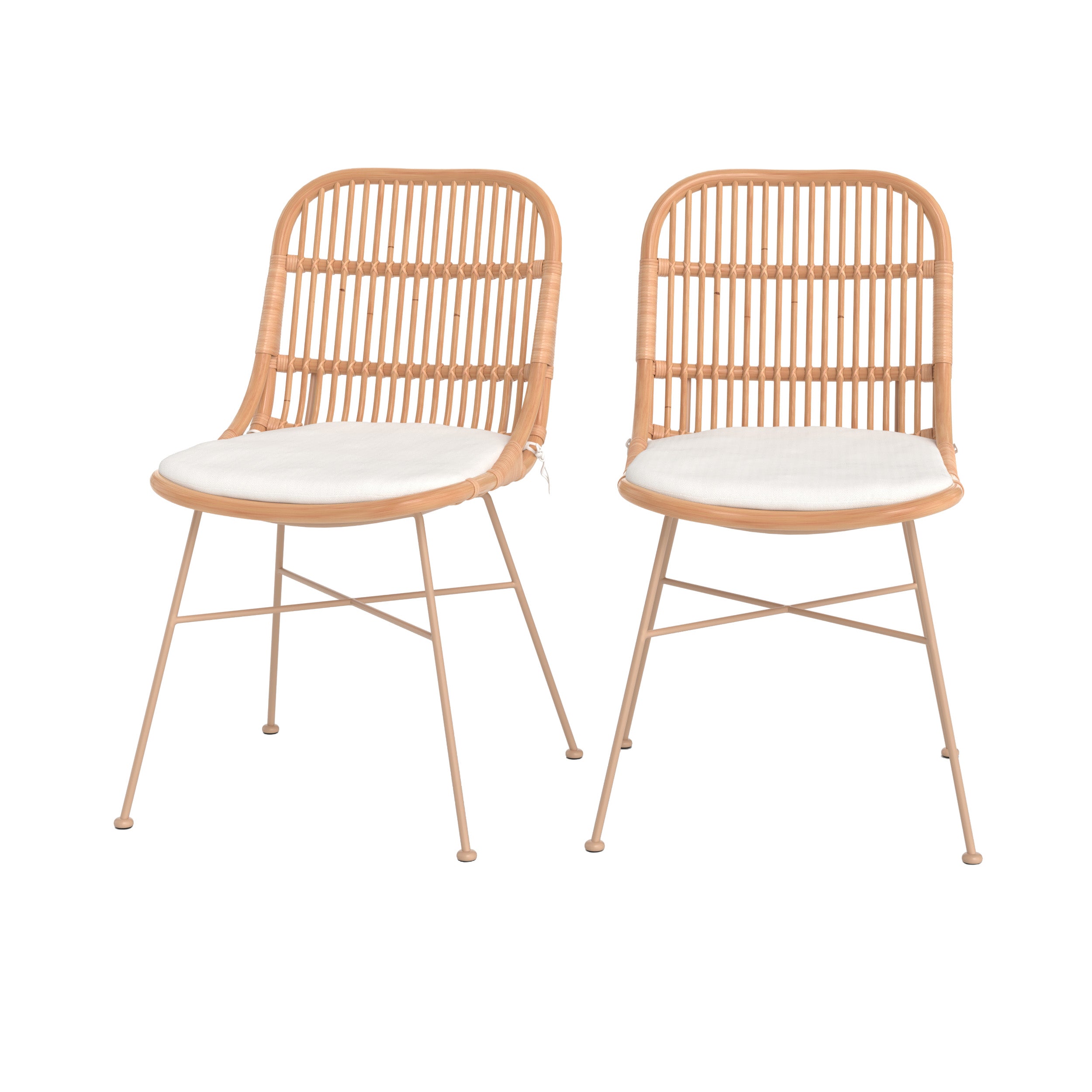 Lot de 2 chaises Moon en rotin beige et pieds en métal beige