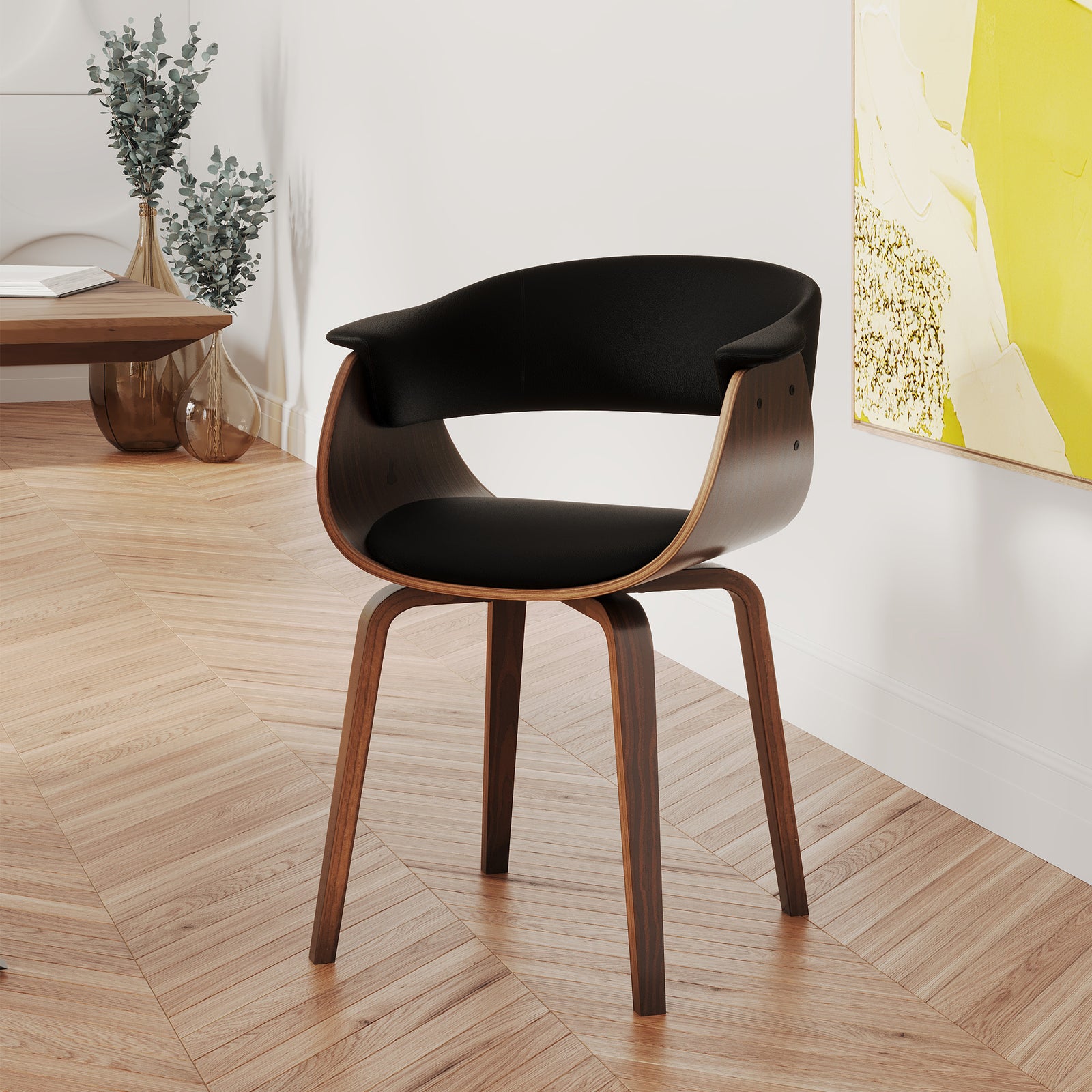 chaise pu noir bois plaque noyer accoudoirs piada