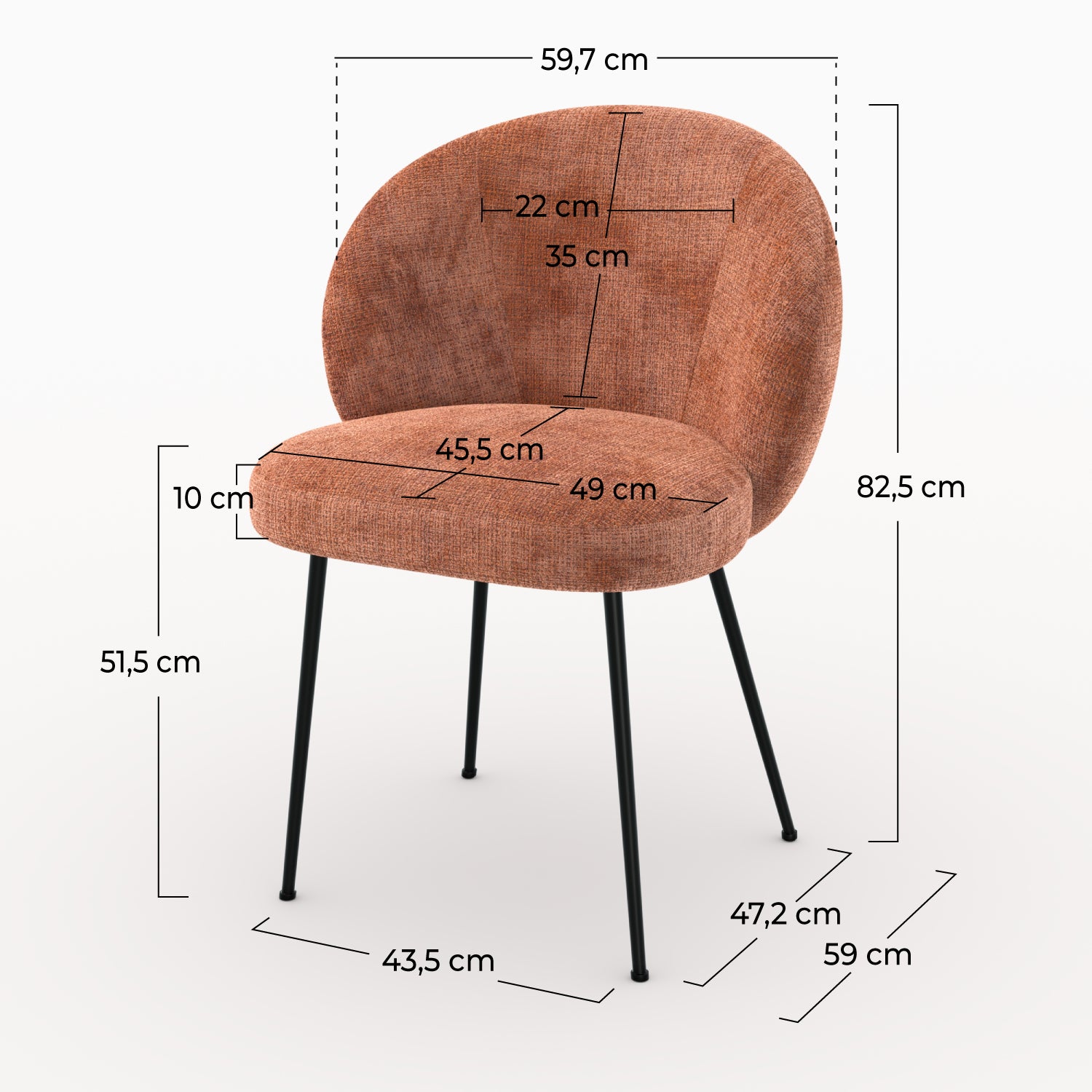 Chaise Bloomy en velours chenillé terracotta et métal noir