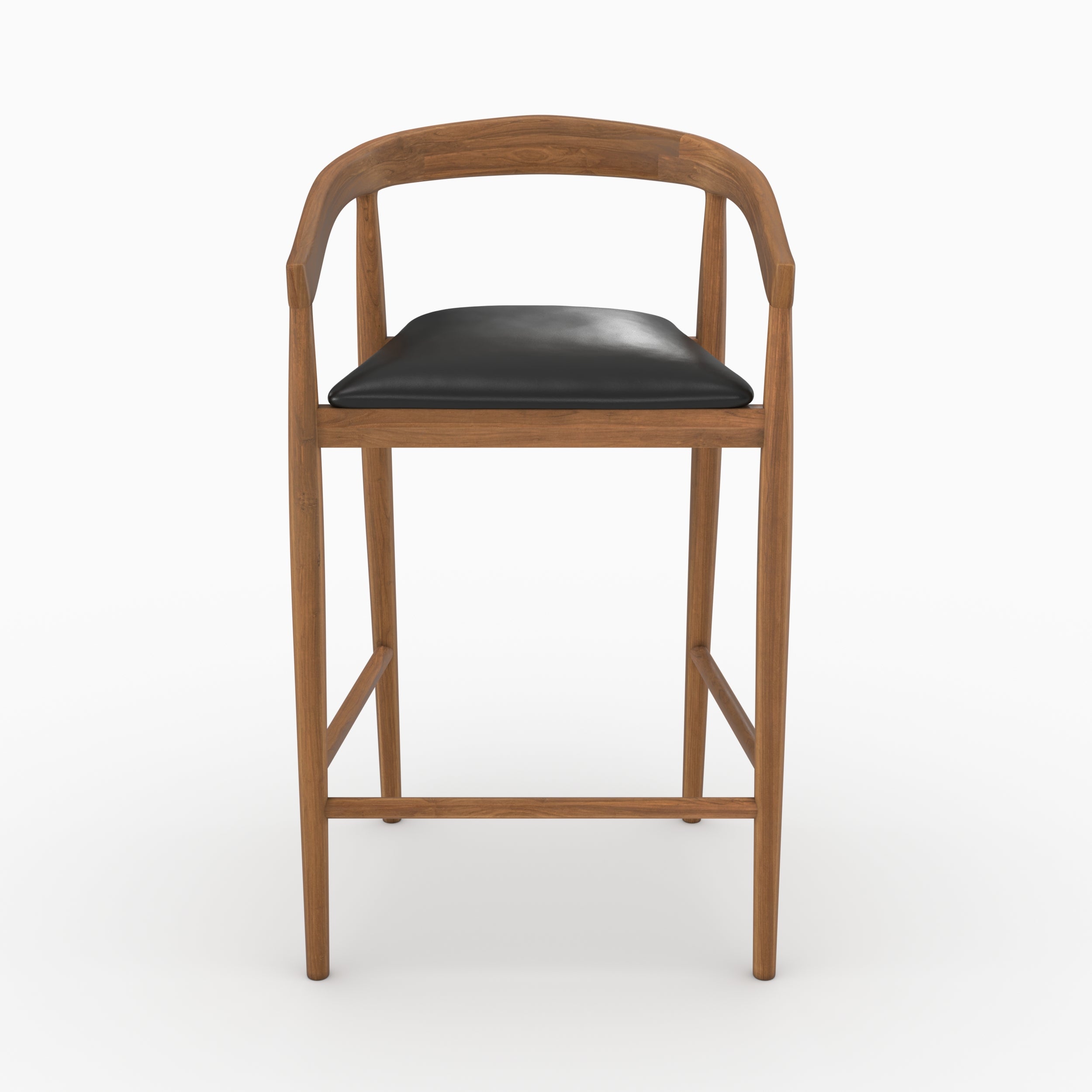 Lot de 2 chaises de bar 77 cm Bali en bois de teck vernis et assise en cuir noir