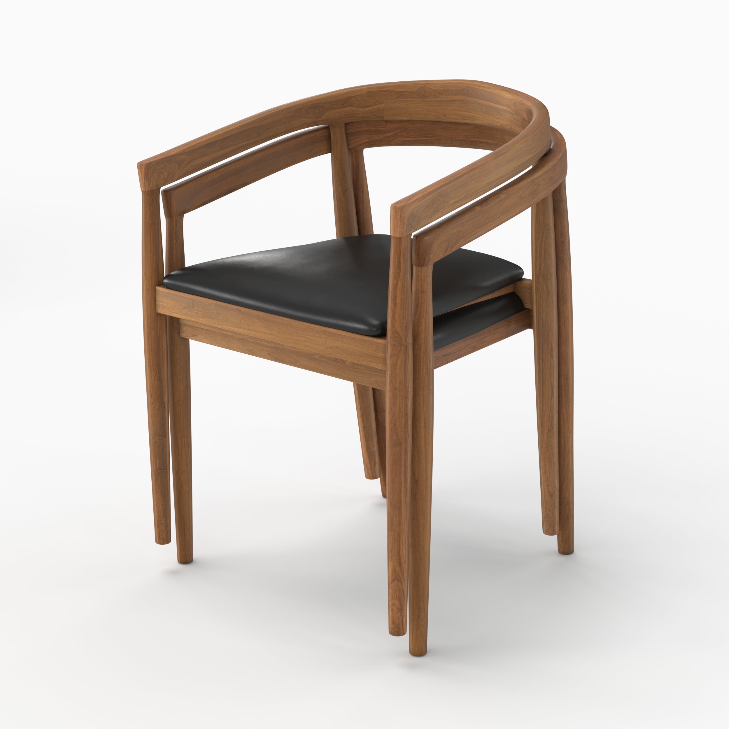 Lot de 2 chaises Bali en bois de teck vernis et assise en cuir noir