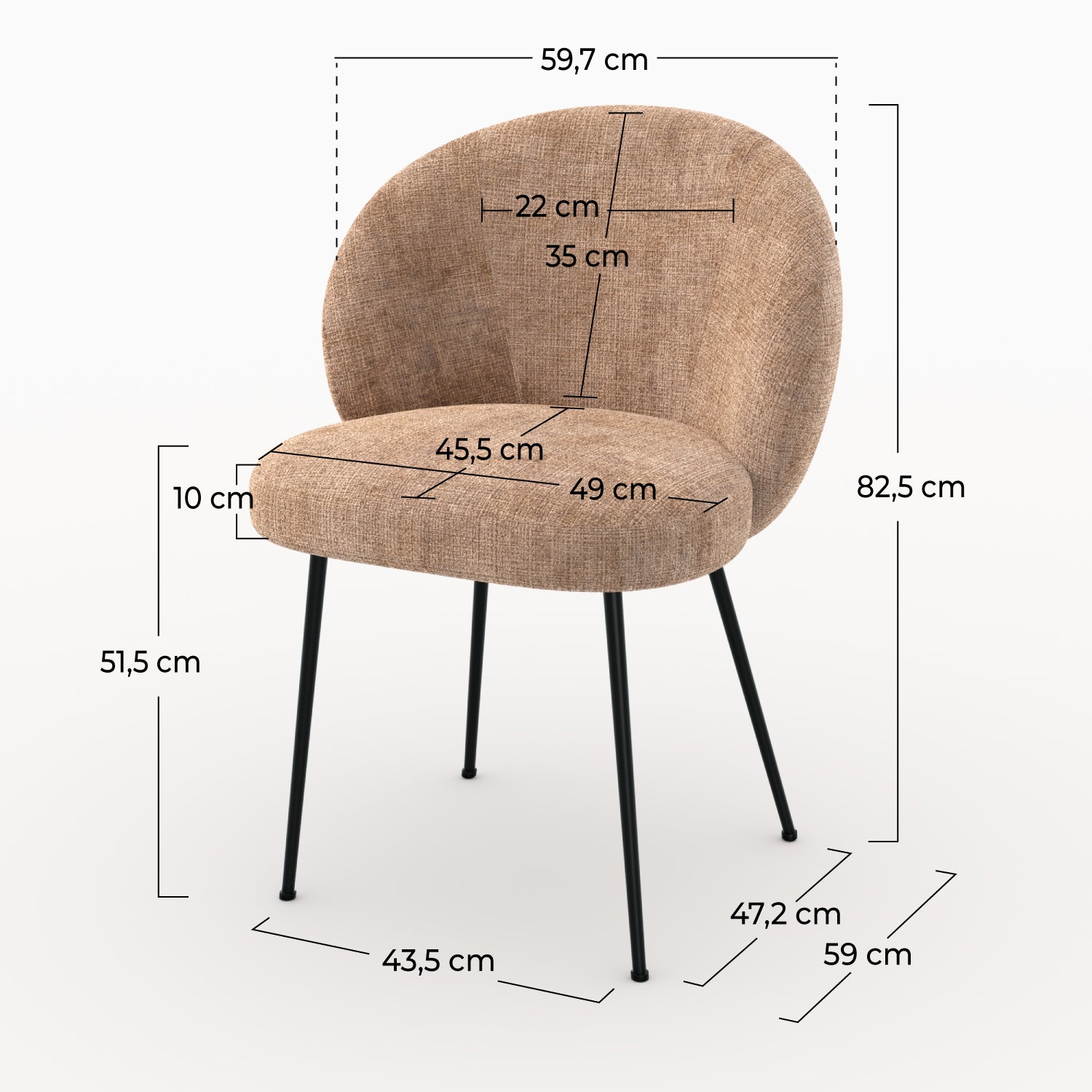 Chaise Bloomy en velours chenillé marron glacé et métal noir