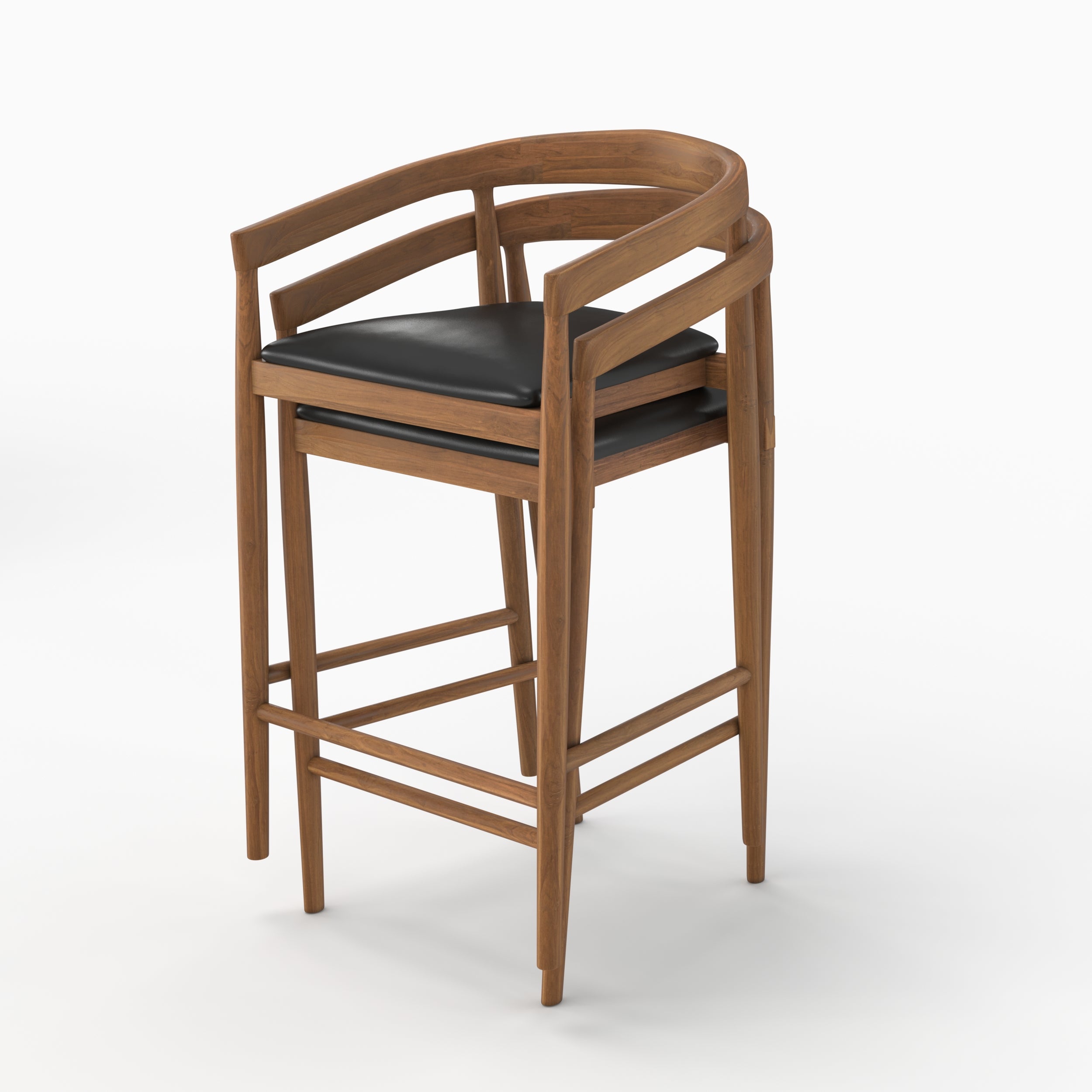 Lot de 2 chaises de bar 77 cm Bali en bois de teck vernis et assise en cuir noir