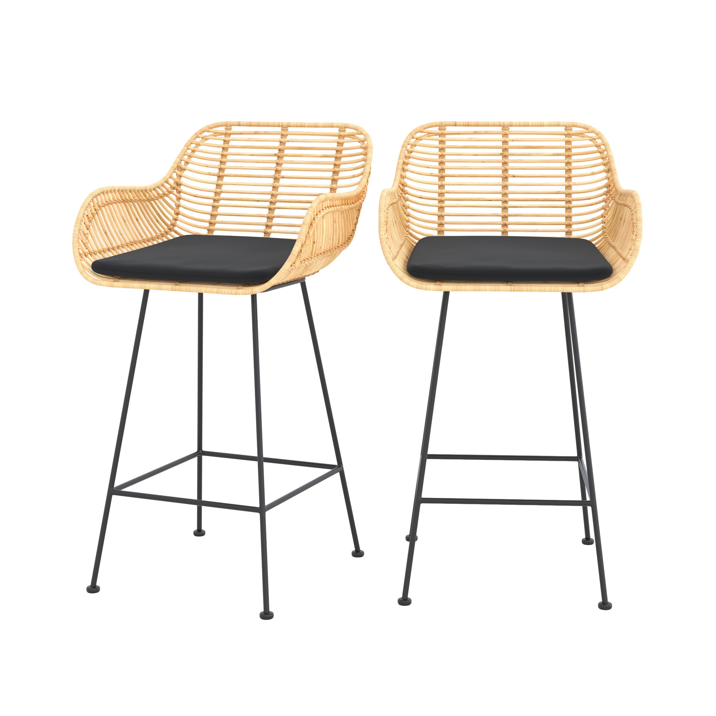 Lot de 2 chaises pour îlot central 66 cm Pops en rotin et tissu noir