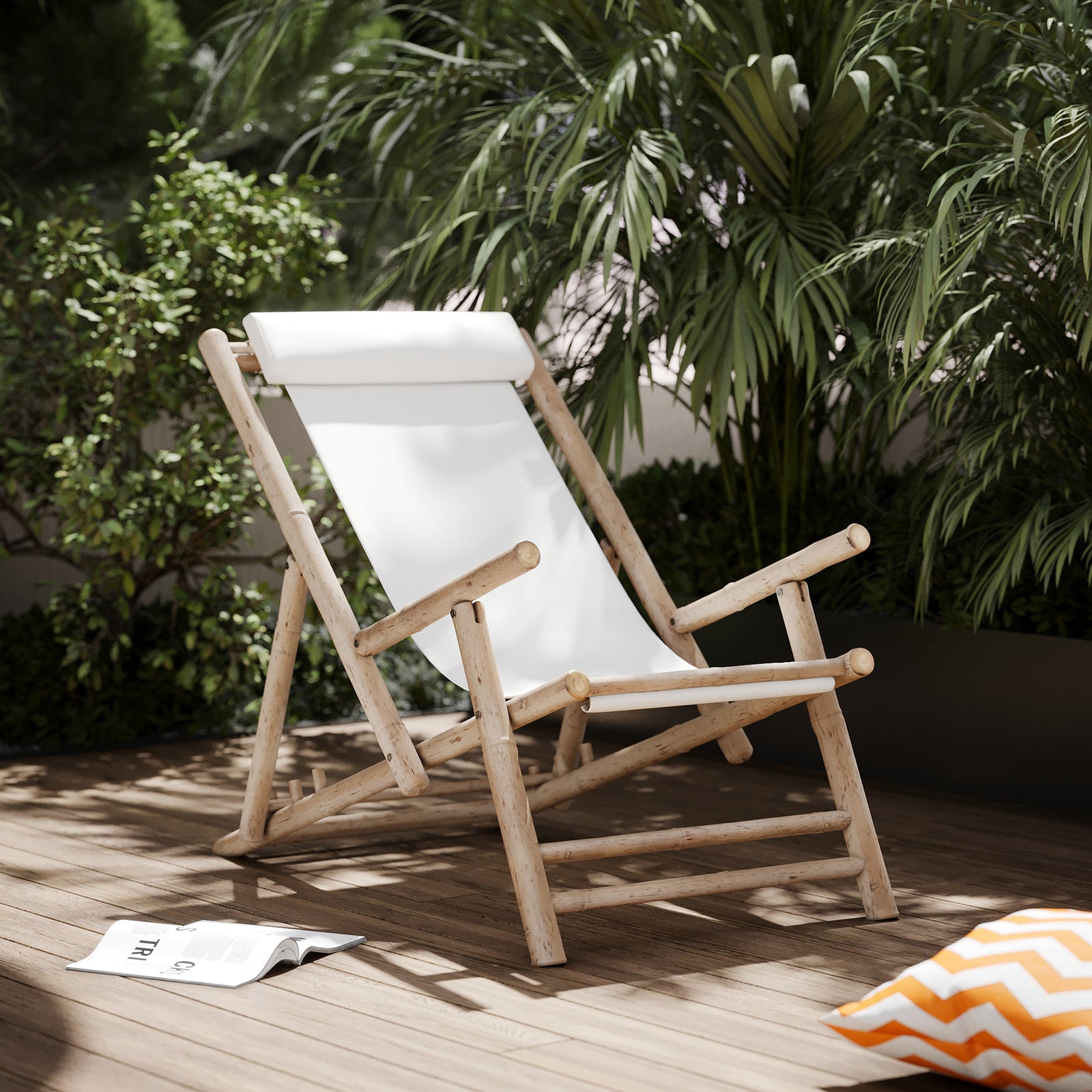 chilienne transat de jardin vadella en bambou et tissu creme blanc