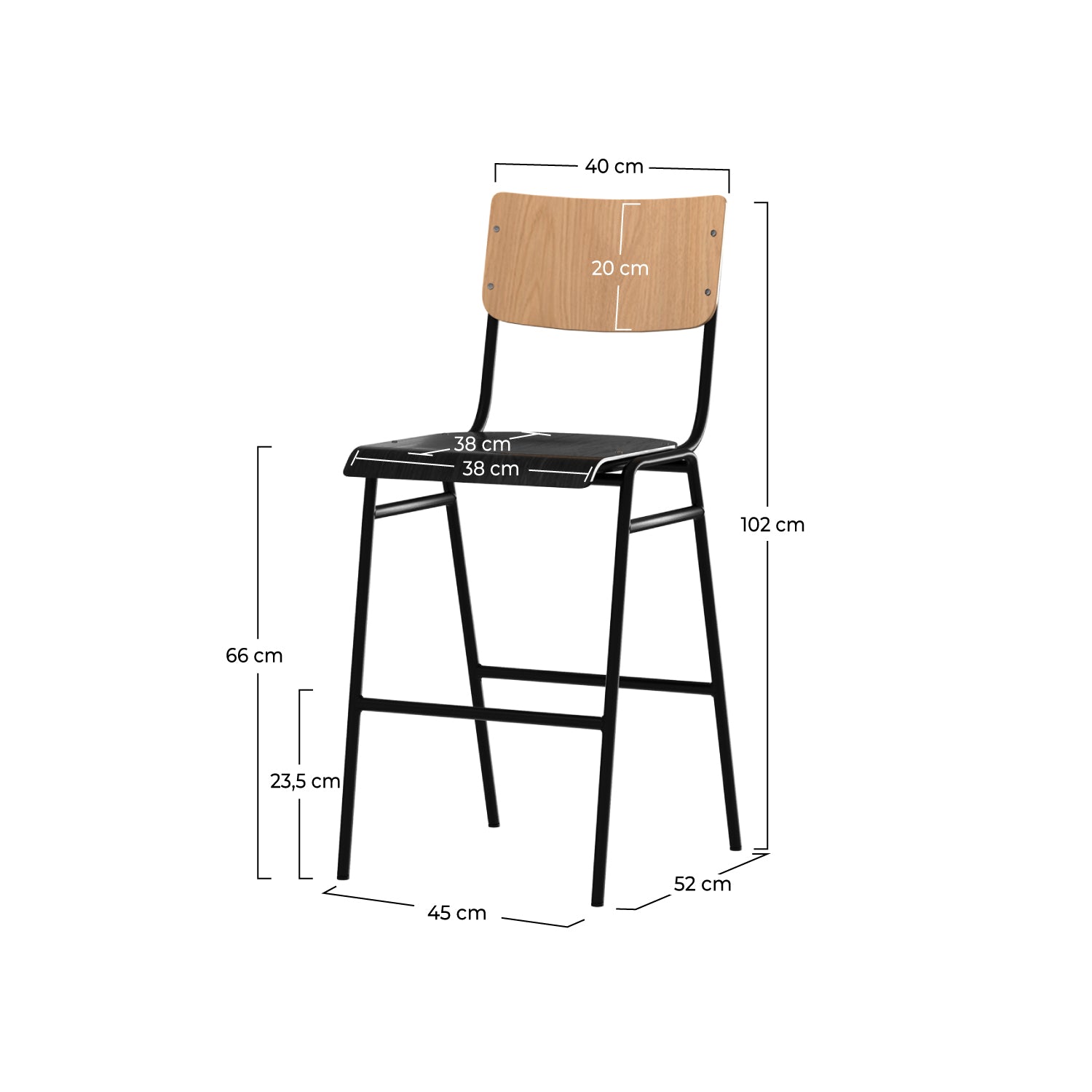 Clem - Set aus 2 mittelhohen Barstühlen aus hellem und schwarzem Holz 65cm