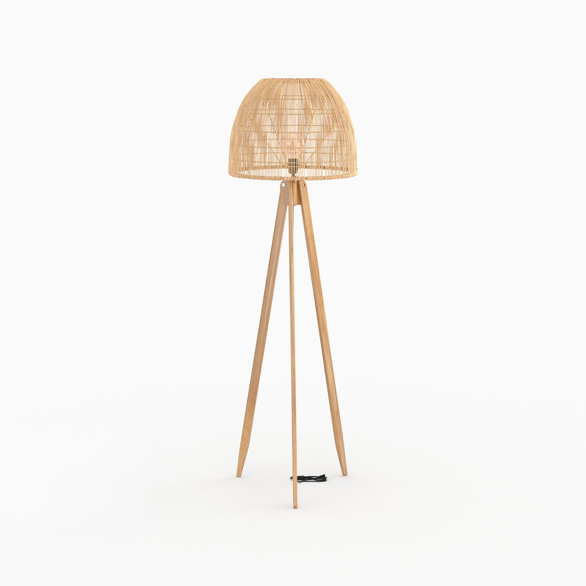 corte lampadaire en bois de teck et rotin trepied