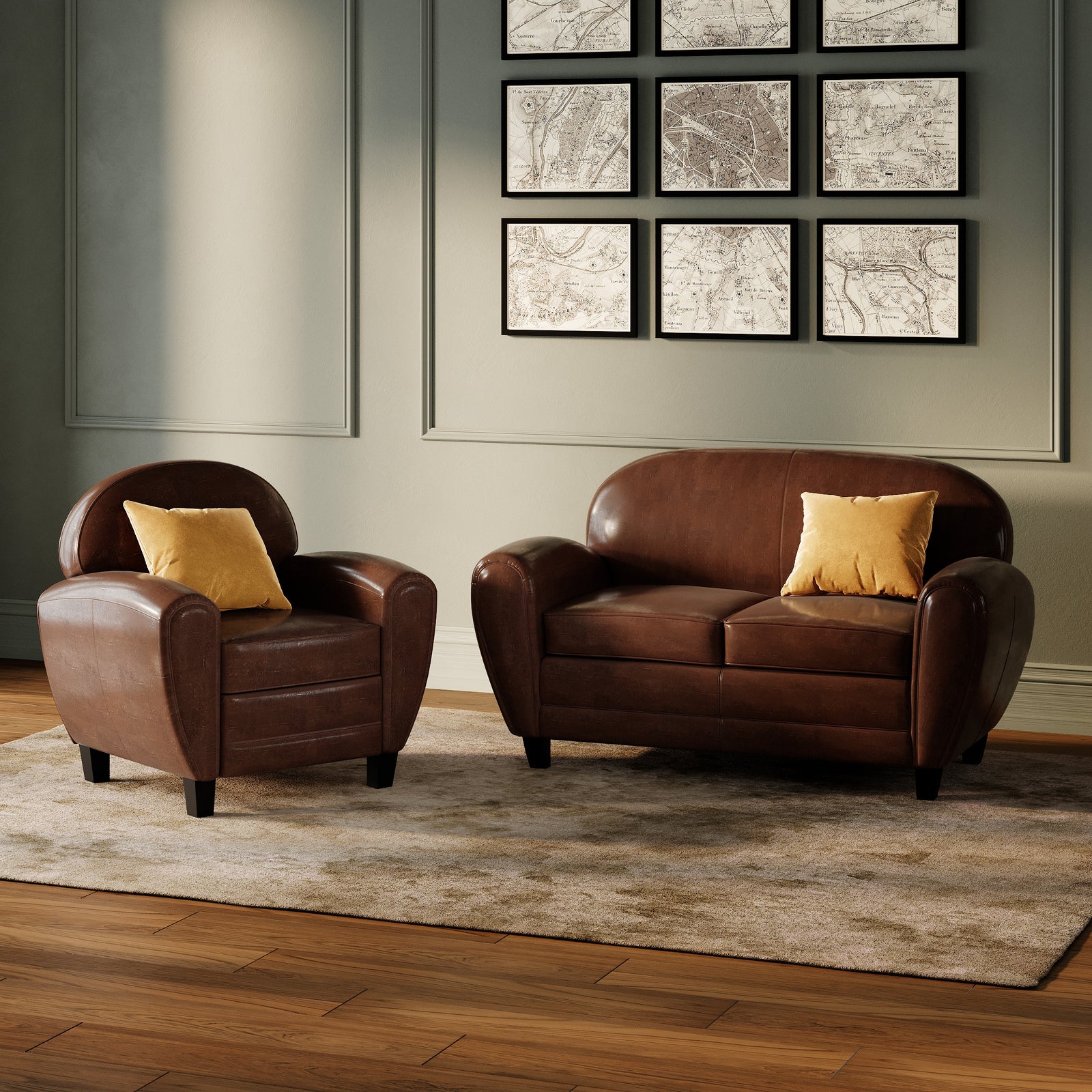 cuir marron canape et fauteuil club