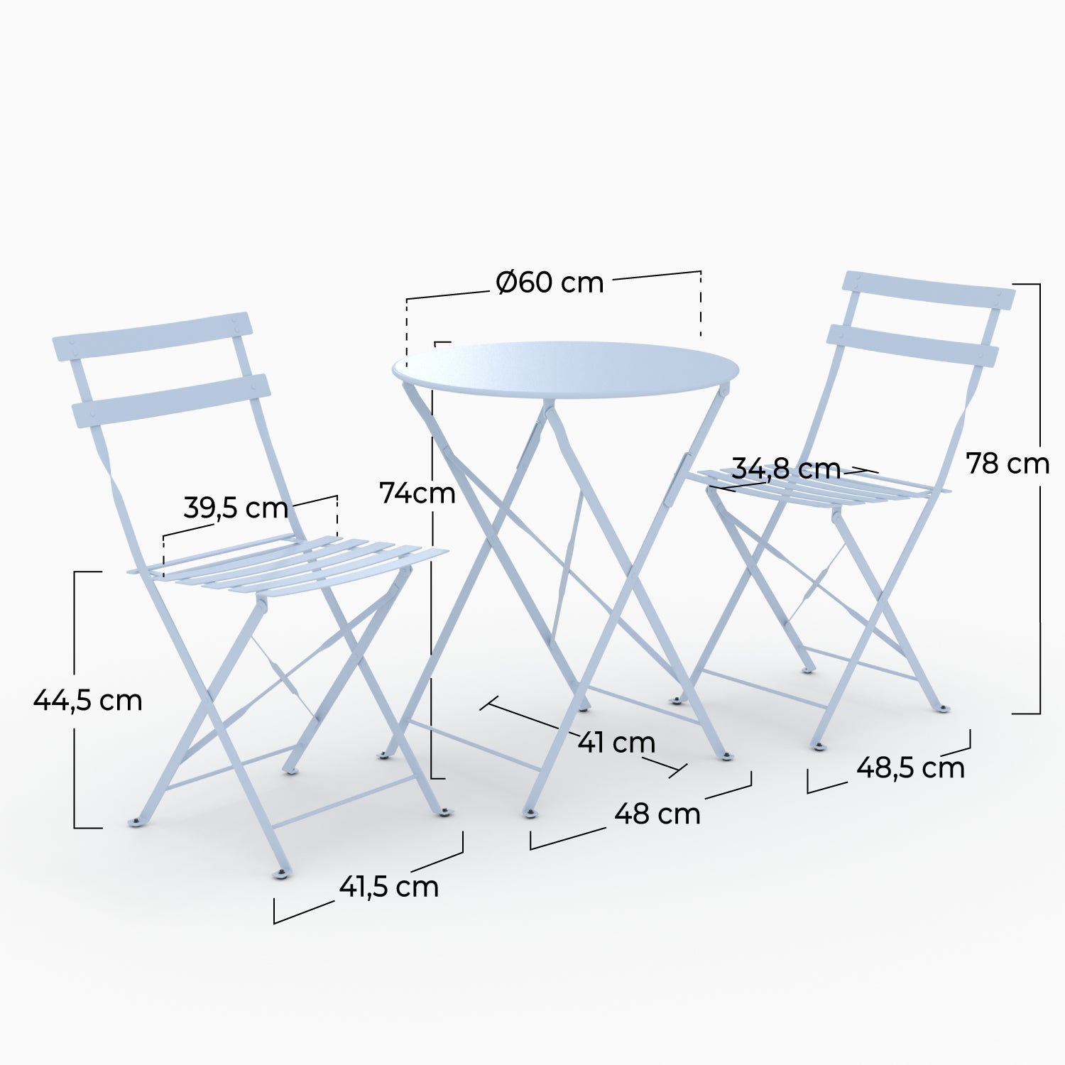 Table ronde et chaises de jardin pliantes Kayla 2 places en métal bleu