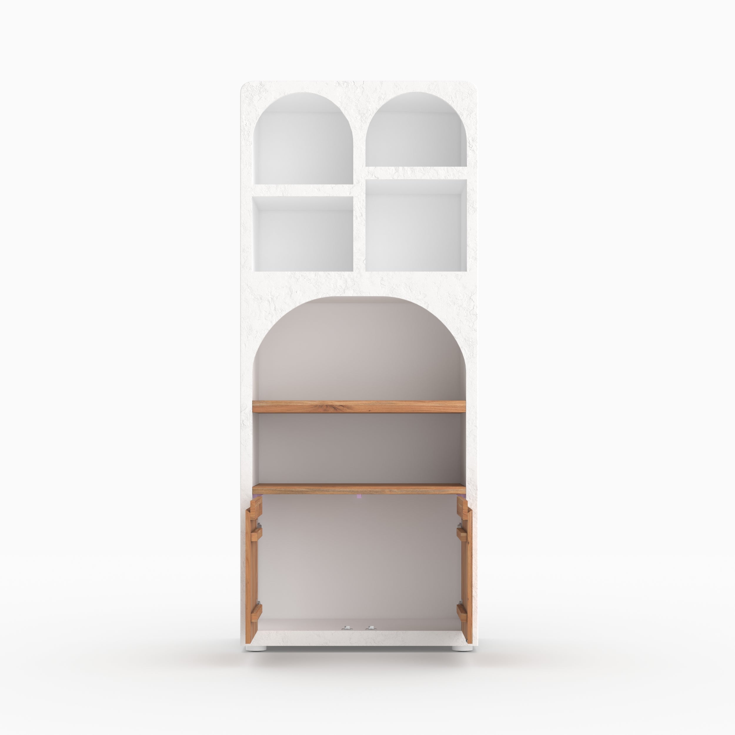 Biblioteca Fira de yeso blanco roto y madera de acacia