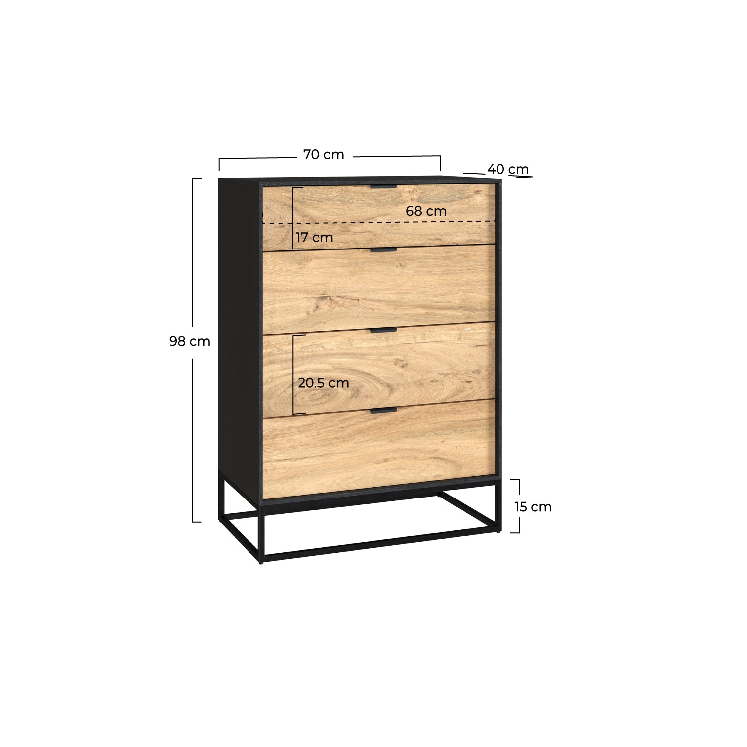 dimension jakson commode 4 tiroirs bois acacia pieds metal noir