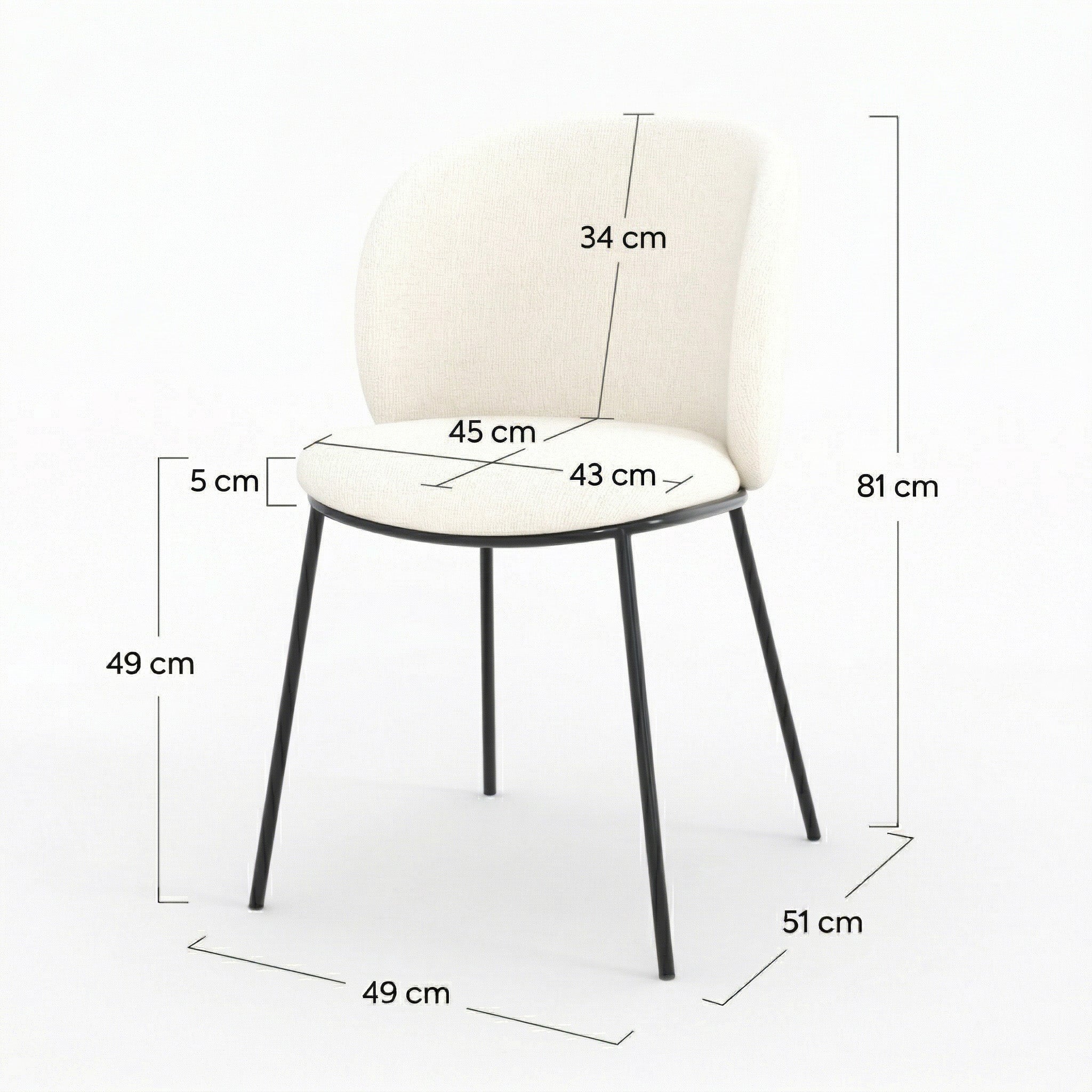 Lot de 2 chaises Bulle en tissu doux blanc, pieds métal noir