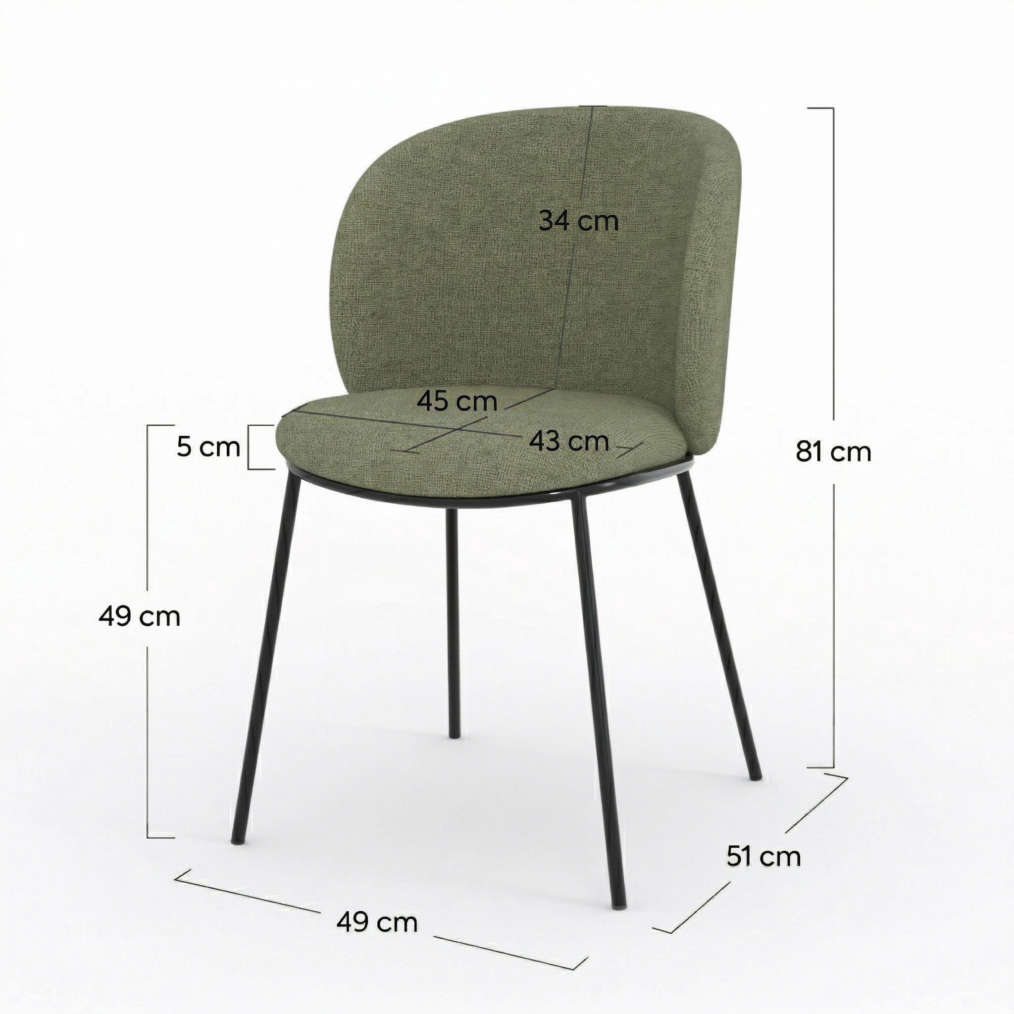 Lot de 2 chaises Bulle en tissu vert kaki, pieds métal noir