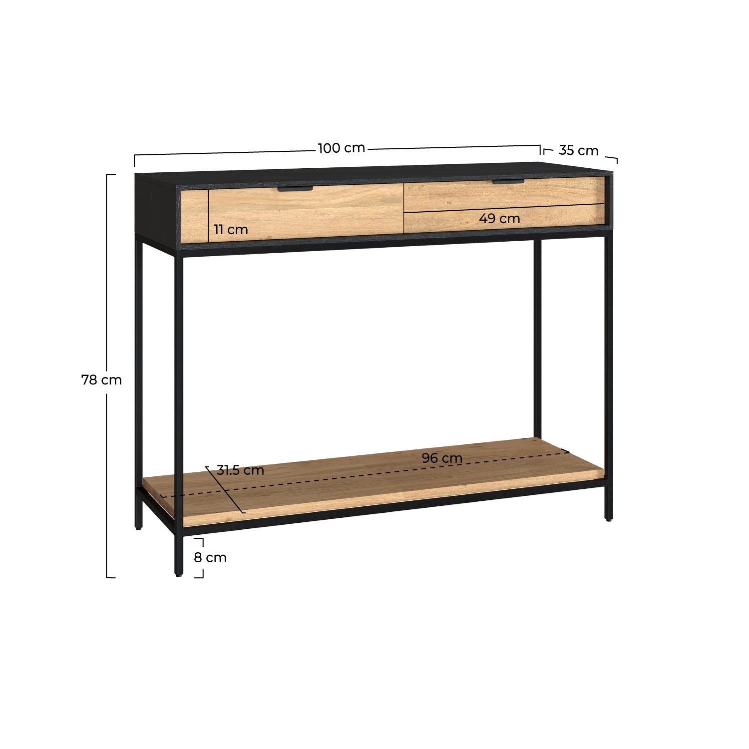 dimensions console jackson 2tiroirs et pieds en metal noir
