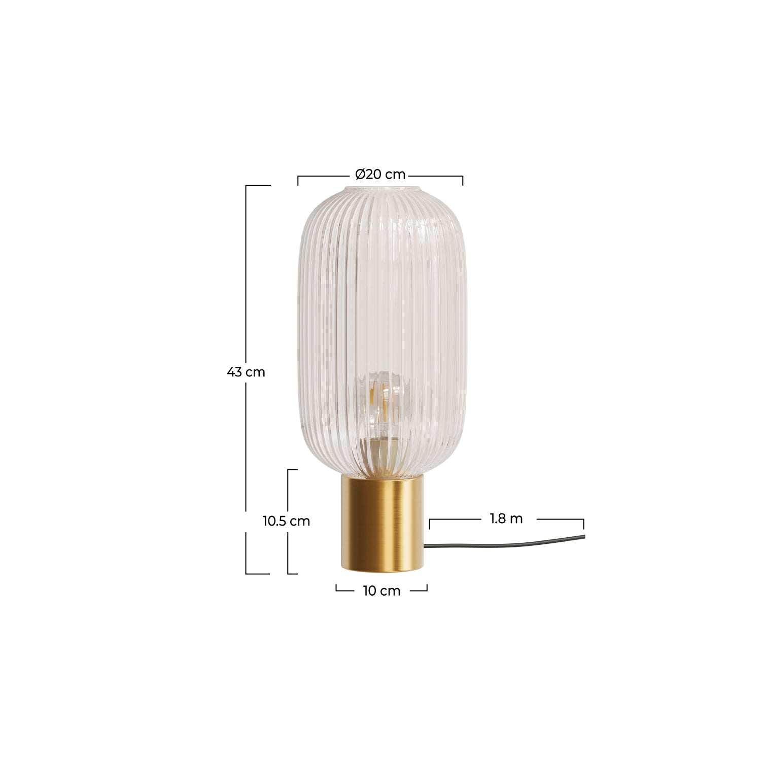 dimensions lampe a poser en verre cannele et dore