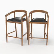 Lot de 2 chaises de bar 77 cm Bali en bois de teck vernis et assise en cuir noir