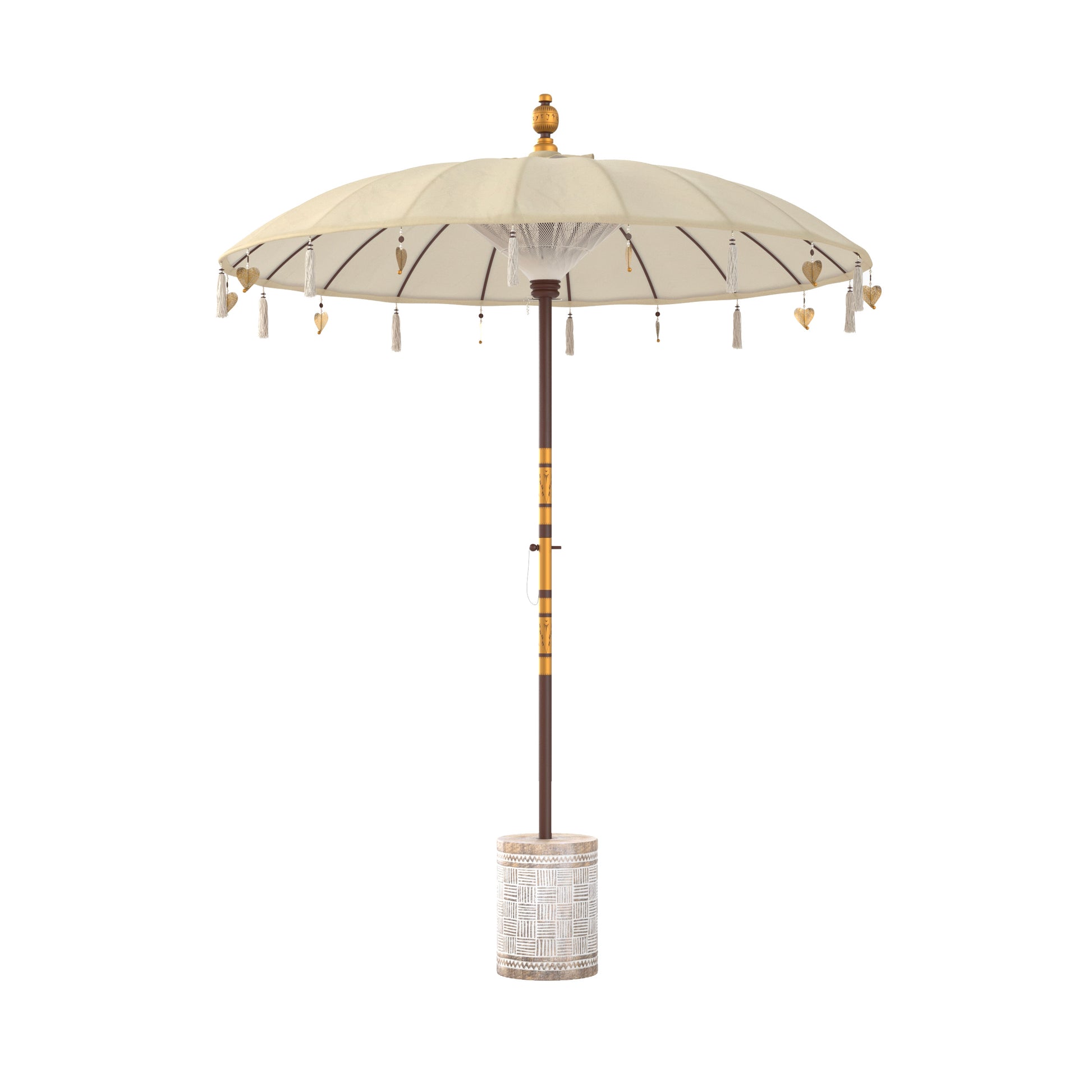 ensemble ali en tissu creme et pied de parasol en bois fond blanc